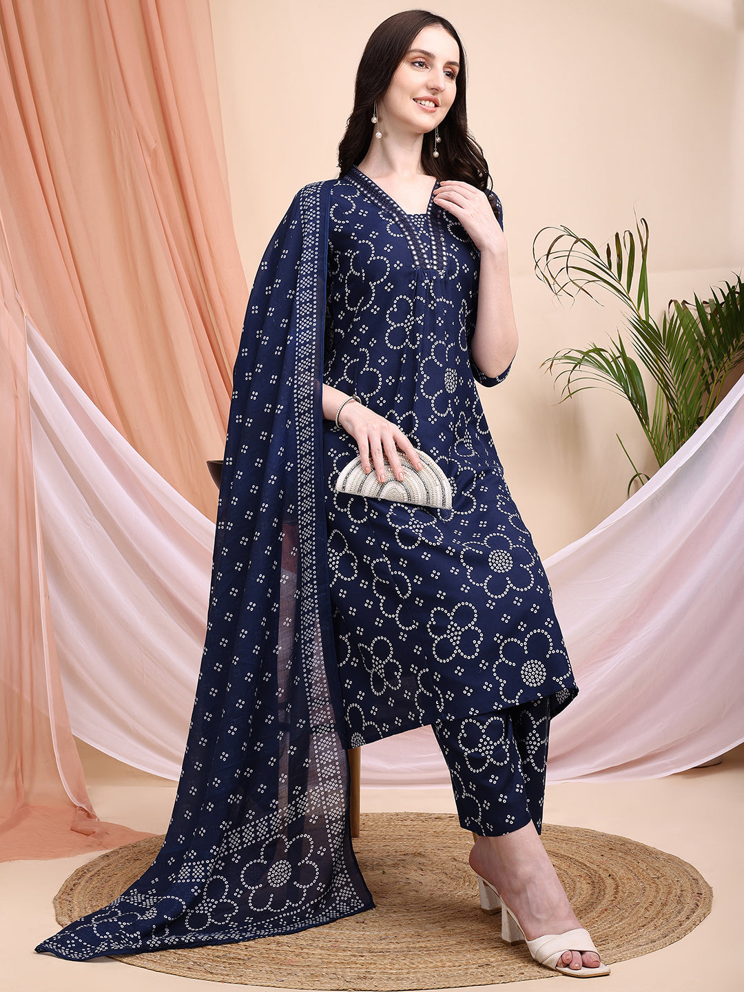 Embroidered & Bandhni A-Line Printed Kurta With Pant & Coordinated Dupatta, Navy Blue - Hiral Fashion