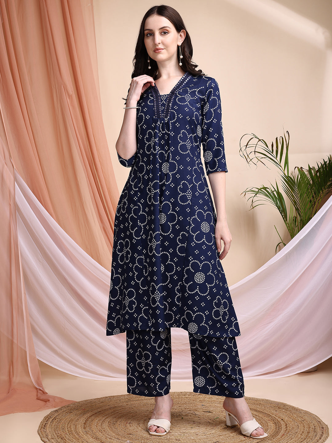 Embroidered & Bandhni A-Line Printed Kurta With Pant & Coordinated Dupatta, Navy Blue - Hiral Fashion