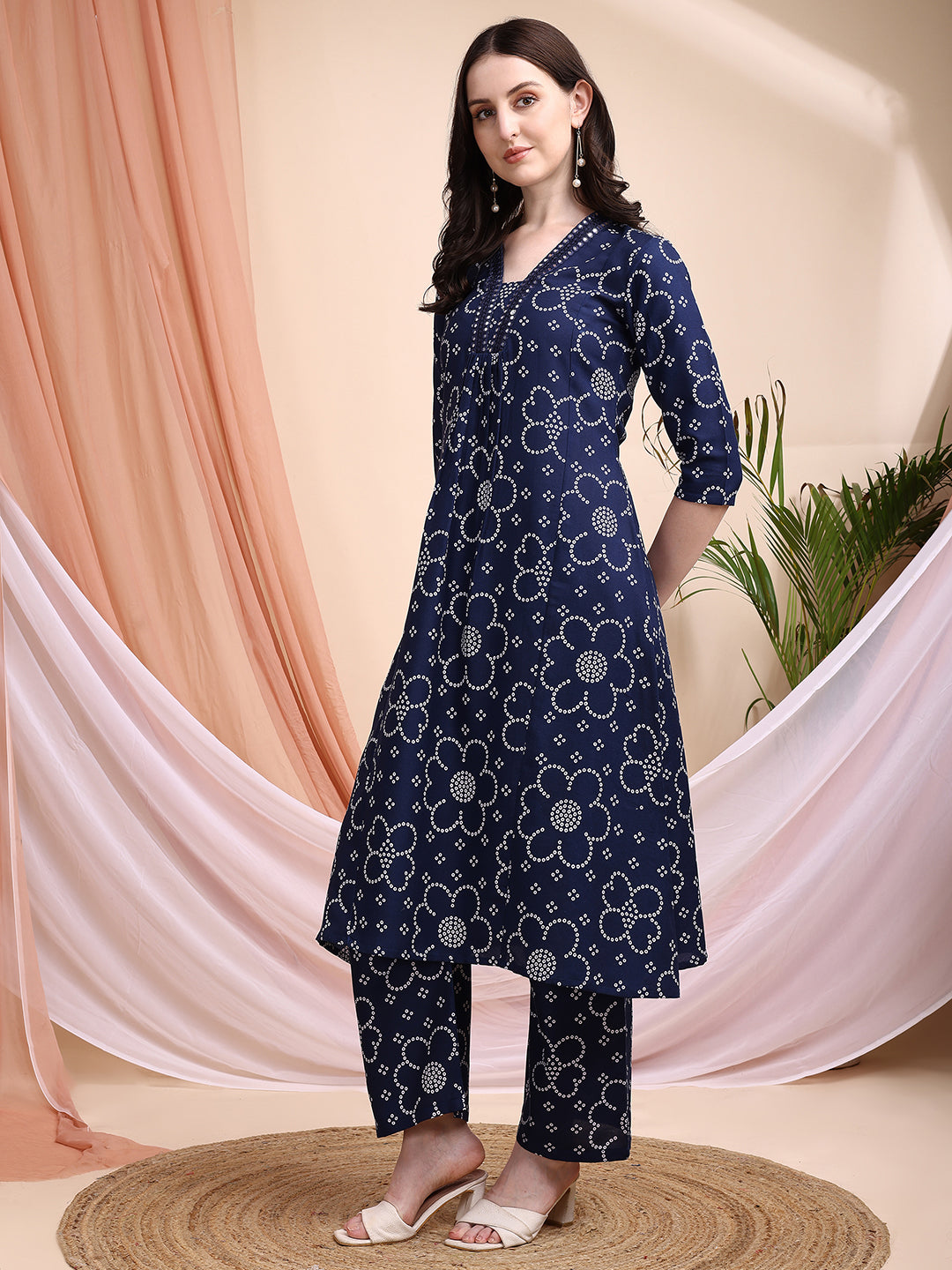 Embroidered & Bandhni A-Line Printed Kurta With Pant & Coordinated Dupatta, Navy Blue - Hiral Fashion