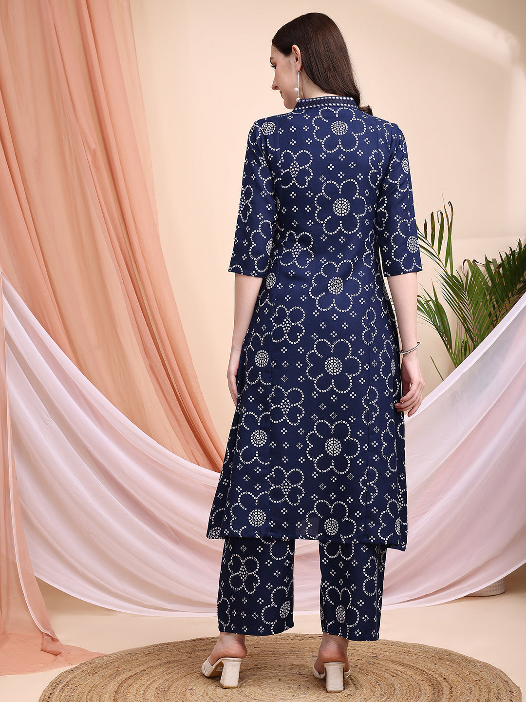 Embroidered & Bandhni A-Line Printed Kurta With Pant & Coordinated Dupatta, Navy Blue - Hiral Fashion