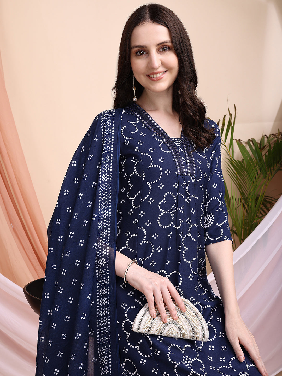 Embroidered & Bandhni A-Line Printed Kurta With Pant & Coordinated Dupatta, Navy Blue - Hiral Fashion