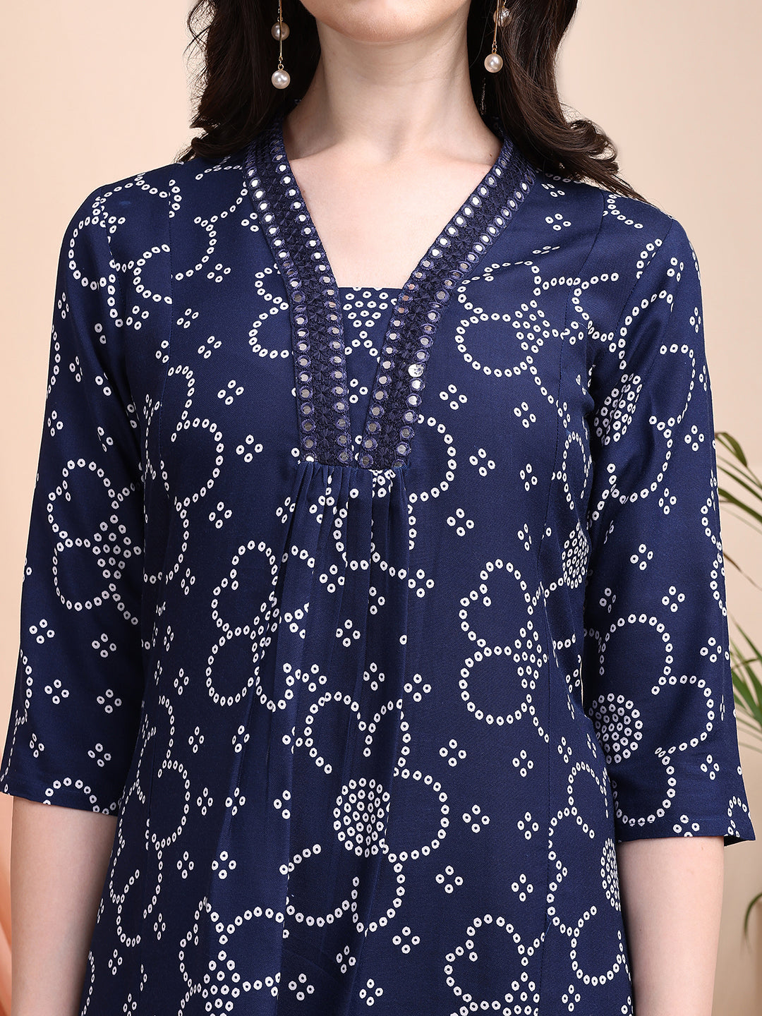 Embroidered & Bandhni A-Line Printed Kurta With Pant & Coordinated Dupatta, Navy Blue - Hiral Fashion