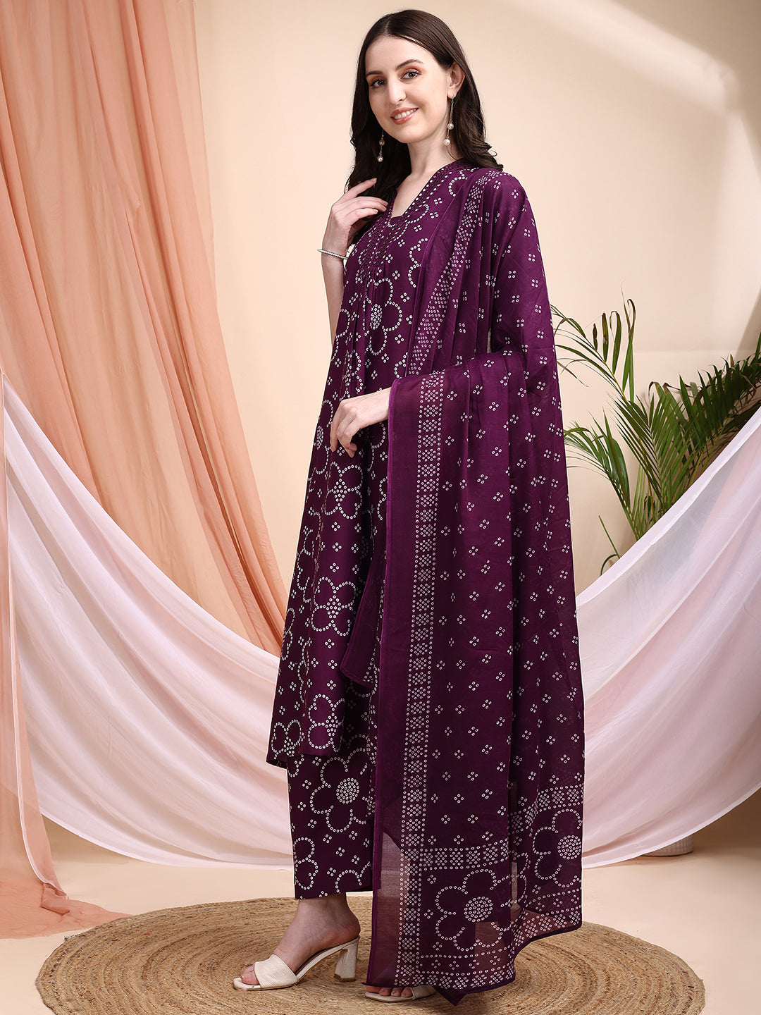 Embroidered & Bandhni A-Line Printed Kurta With Pant & Coordinated Dupatta, Purple - Hiral Fashion