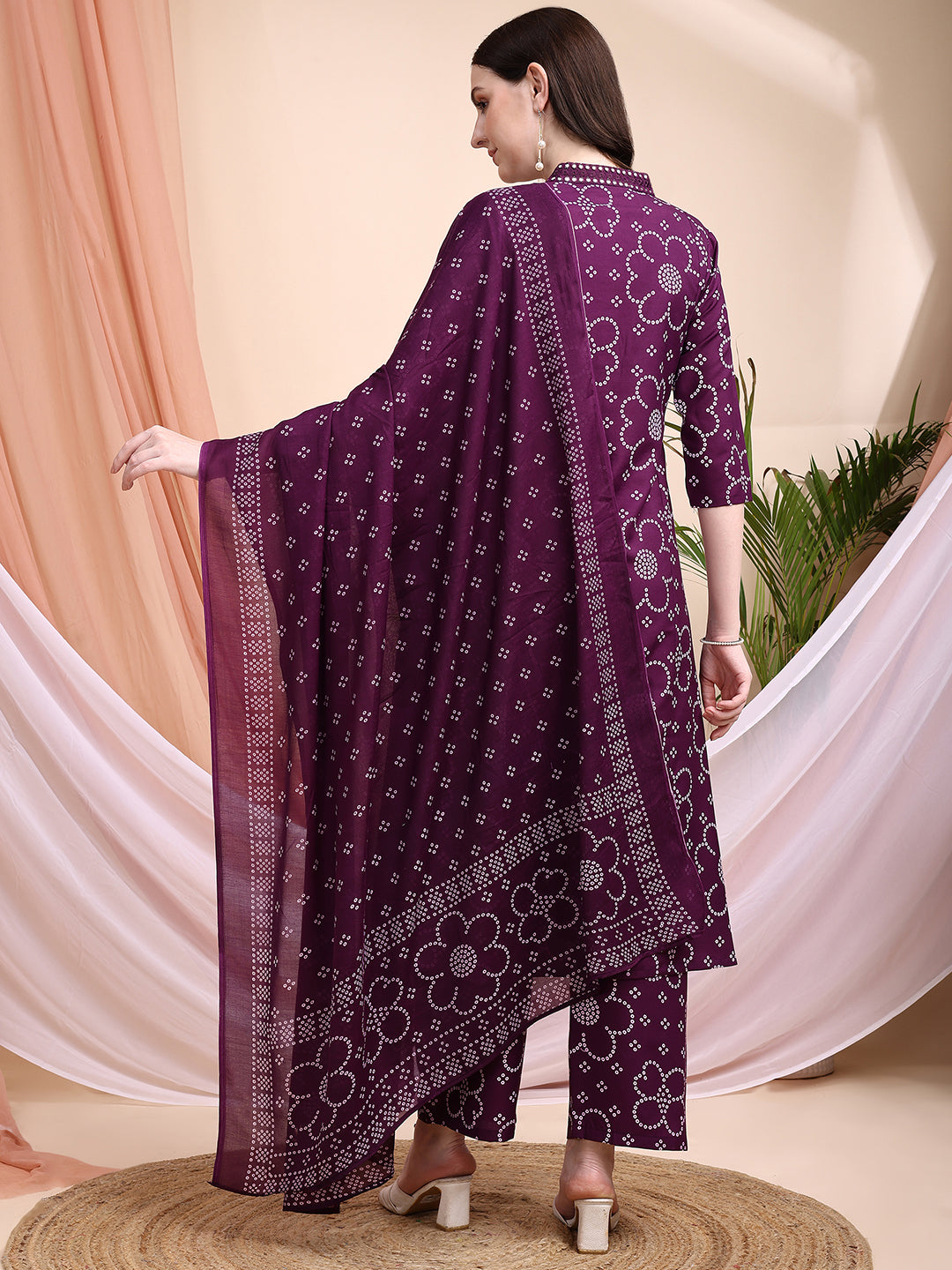 Embroidered & Bandhni A-Line Printed Kurta With Pant & Coordinated Dupatta, Purple - Hiral Fashion
