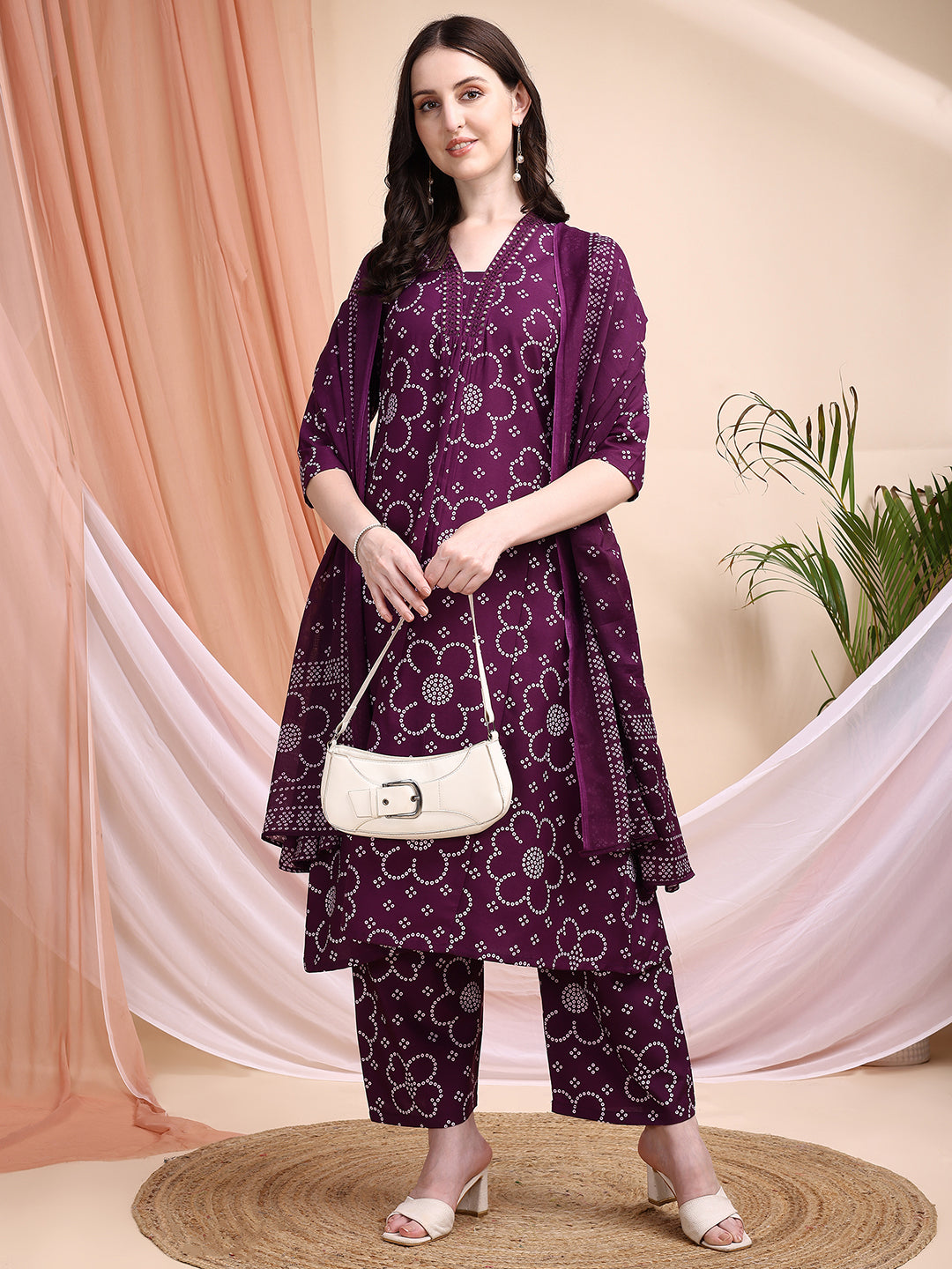 Embroidered & Bandhni A-Line Printed Kurta With Pant & Coordinated Dupatta, Purple - Hiral Fashion