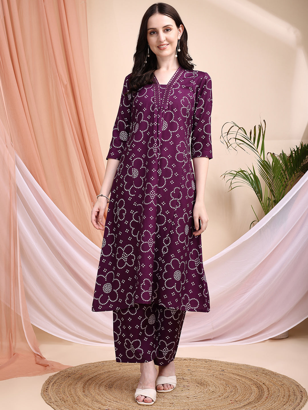 Embroidered & Bandhni A-Line Printed Kurta With Pant & Coordinated Dupatta, Purple - Hiral Fashion