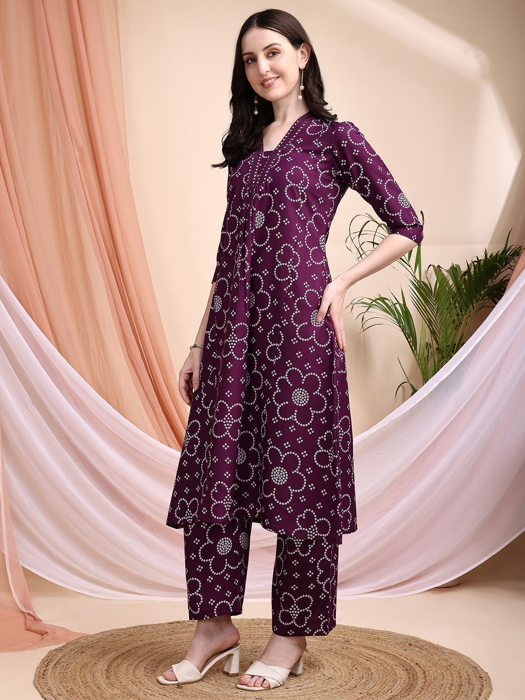 Embroidered & Bandhni A-Line Printed Kurta With Pant & Coordinated Dupatta, Purple - Hiral Fashion