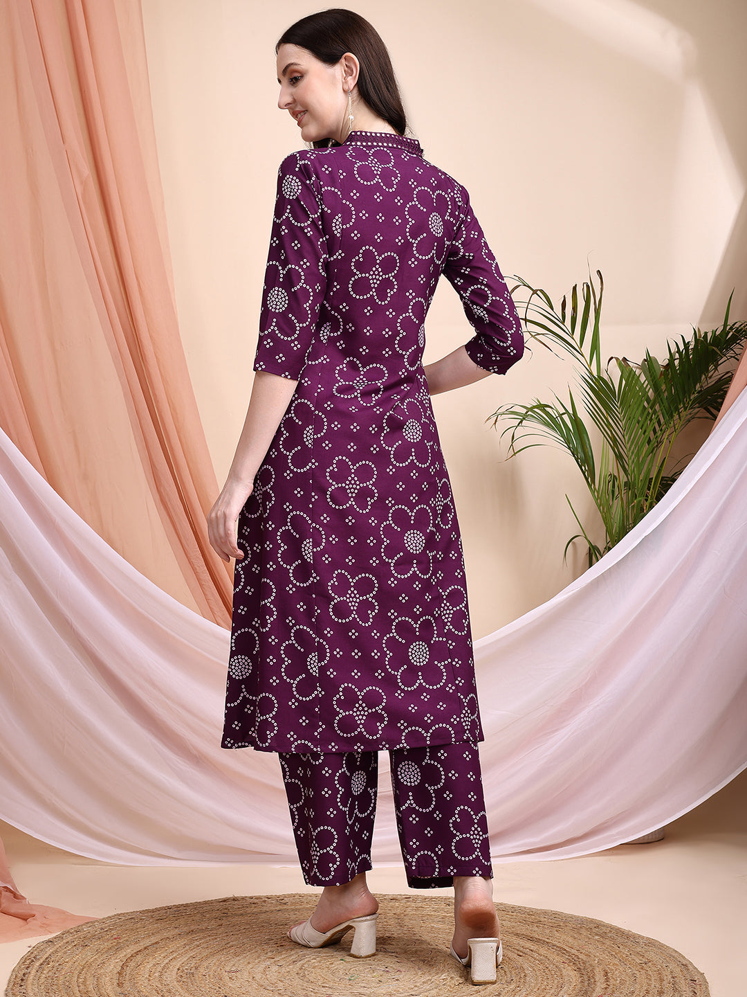 Embroidered & Bandhni A-Line Printed Kurta With Pant & Coordinated Dupatta, Purple - Hiral Fashion