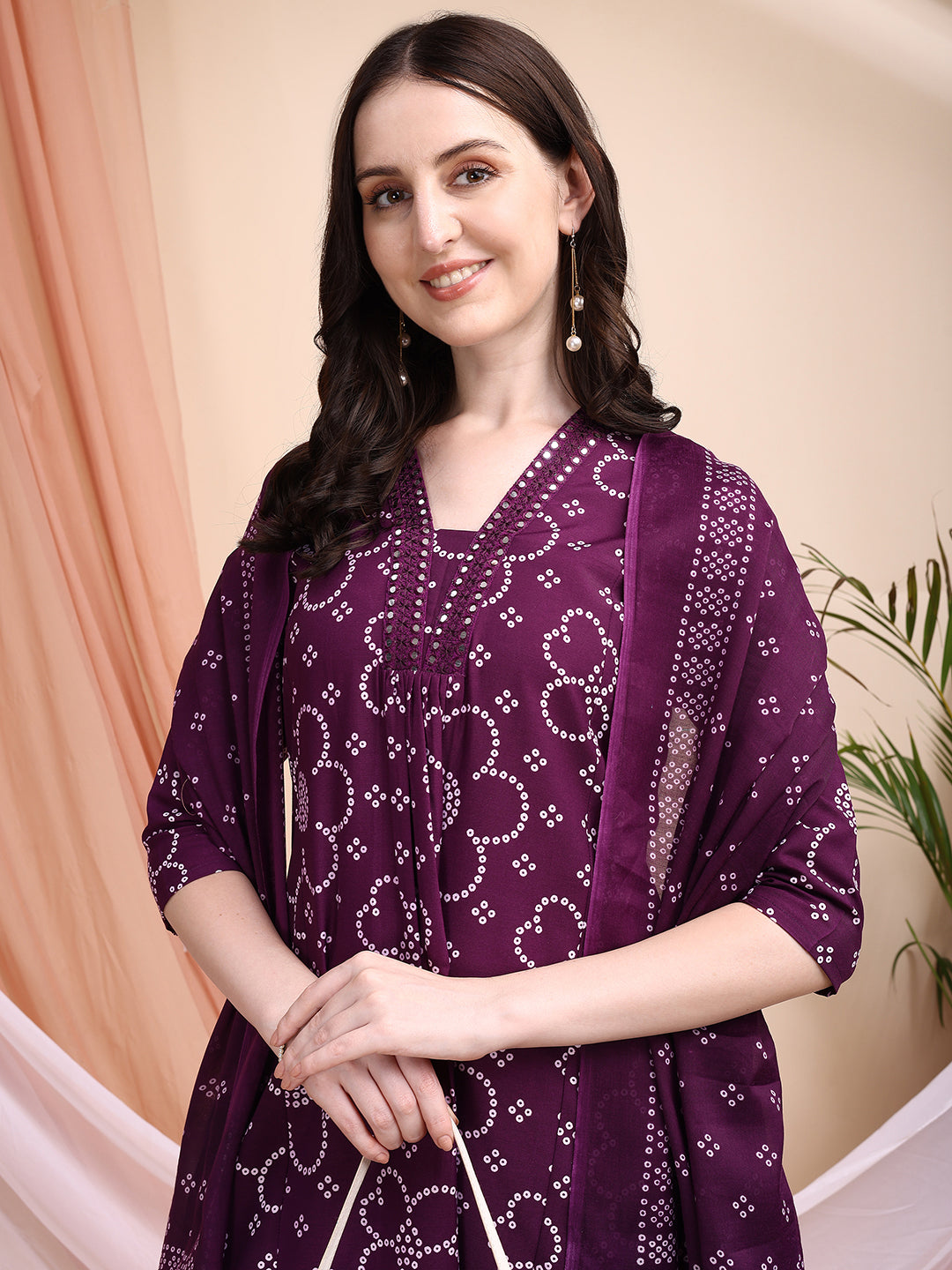 Embroidered & Bandhni A-Line Printed Kurta With Pant & Coordinated Dupatta, Purple - Hiral Fashion