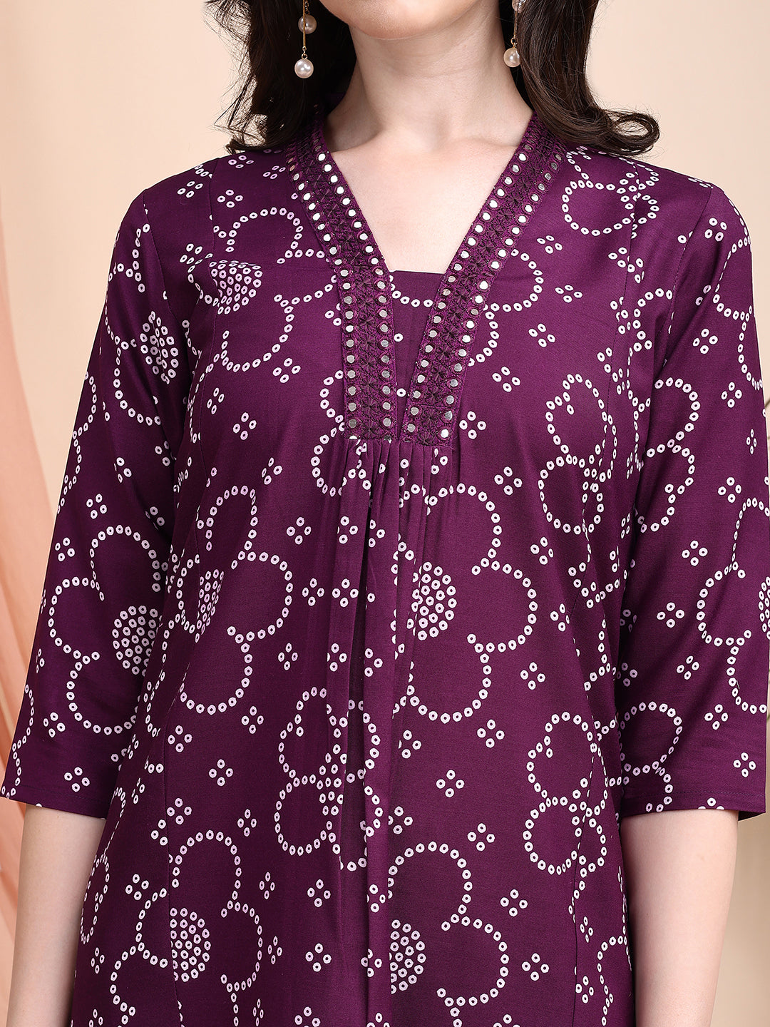 Embroidered & Bandhni A-Line Printed Kurta With Pant & Coordinated Dupatta, Purple - Hiral Fashion