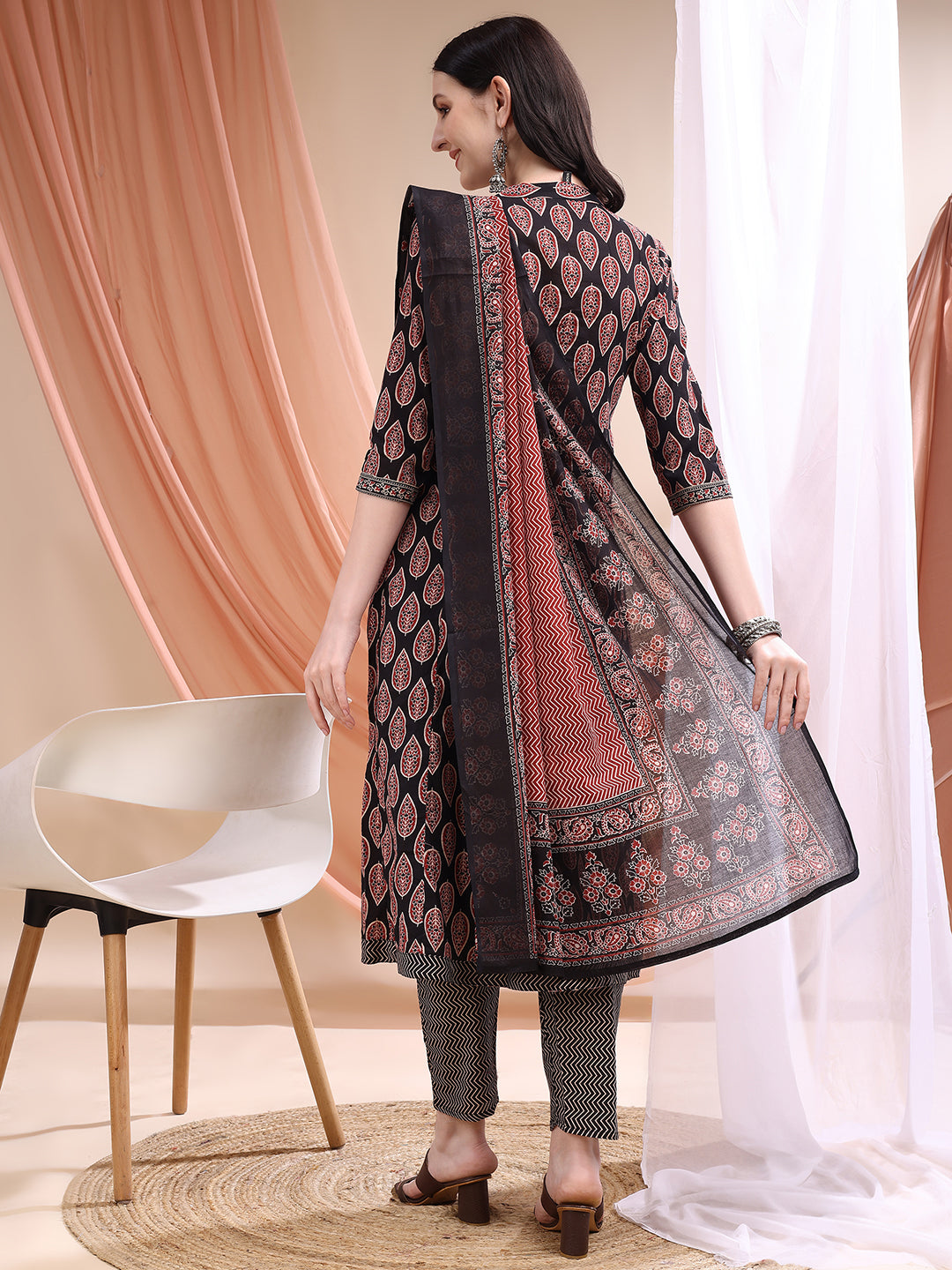 Front Slit Motifs A-Line Printed Kurta With Pant & Dupatta, Black - Hiral Fashion