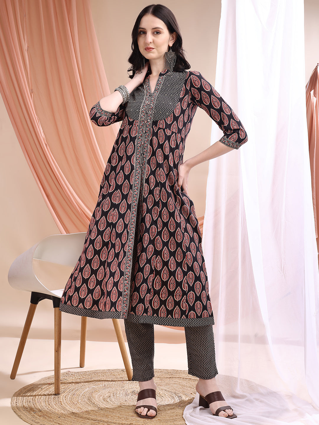 Front Slit Motifs A-Line Printed Kurta With Pant & Dupatta, Black - Hiral Fashion