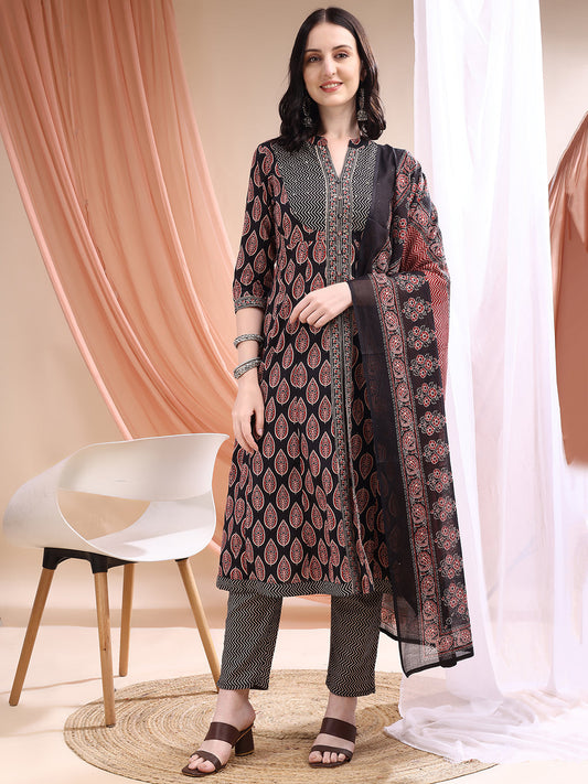 Front Slit Motifs A-Line Printed Kurta With Pant & Dupatta, Black - Hiral Fashion