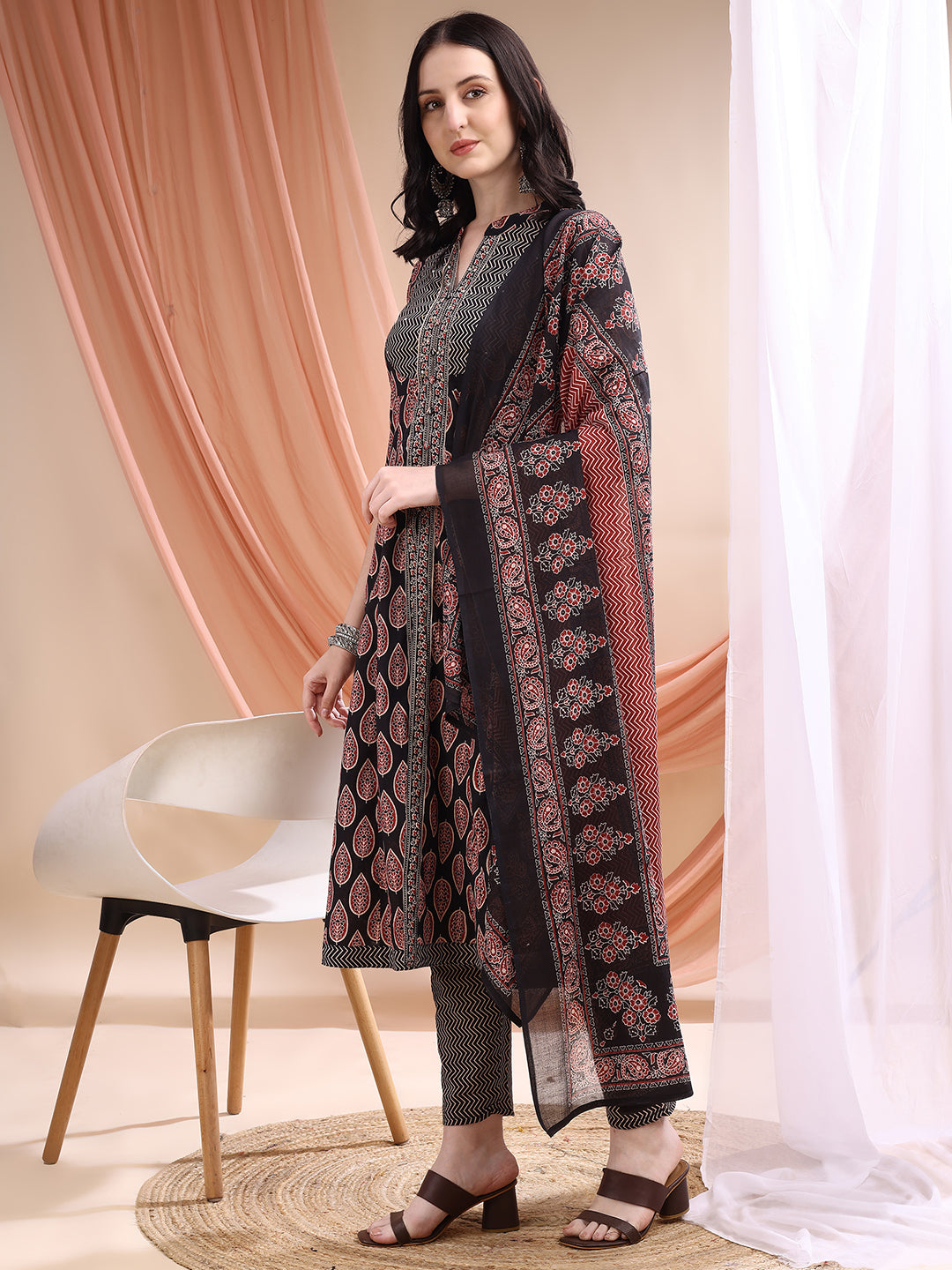 Front Slit Motifs A-Line Printed Kurta With Pant & Dupatta, Black - Hiral Fashion