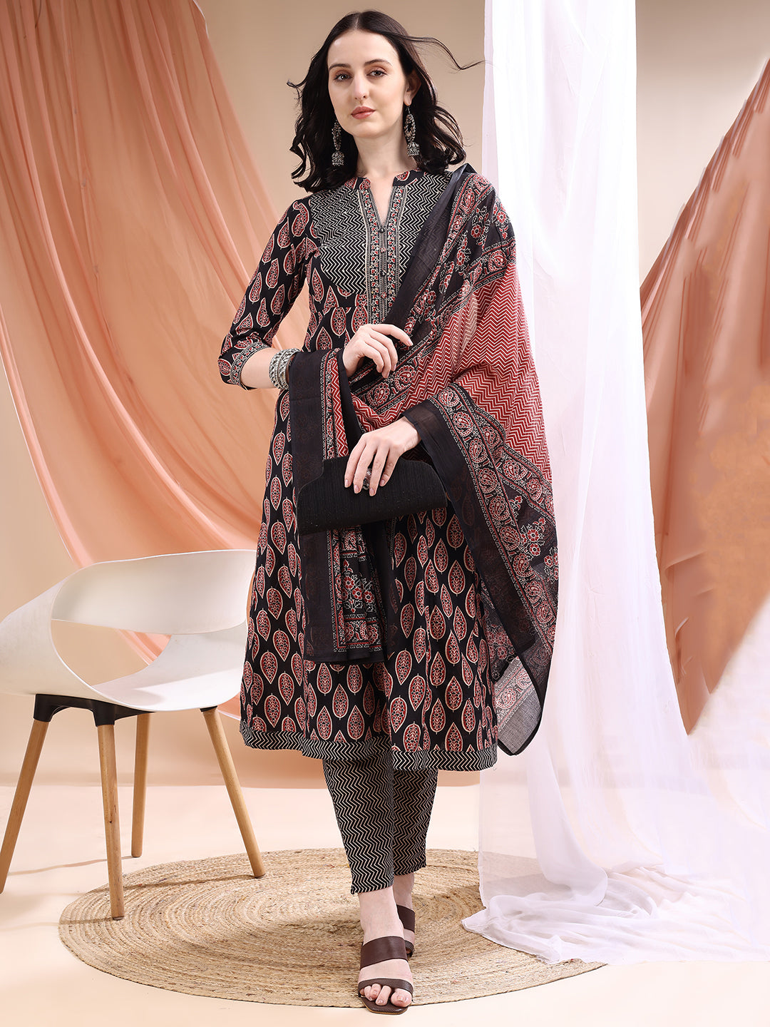 Front Slit Motifs A-Line Printed Kurta With Pant & Dupatta, Black - Hiral Fashion