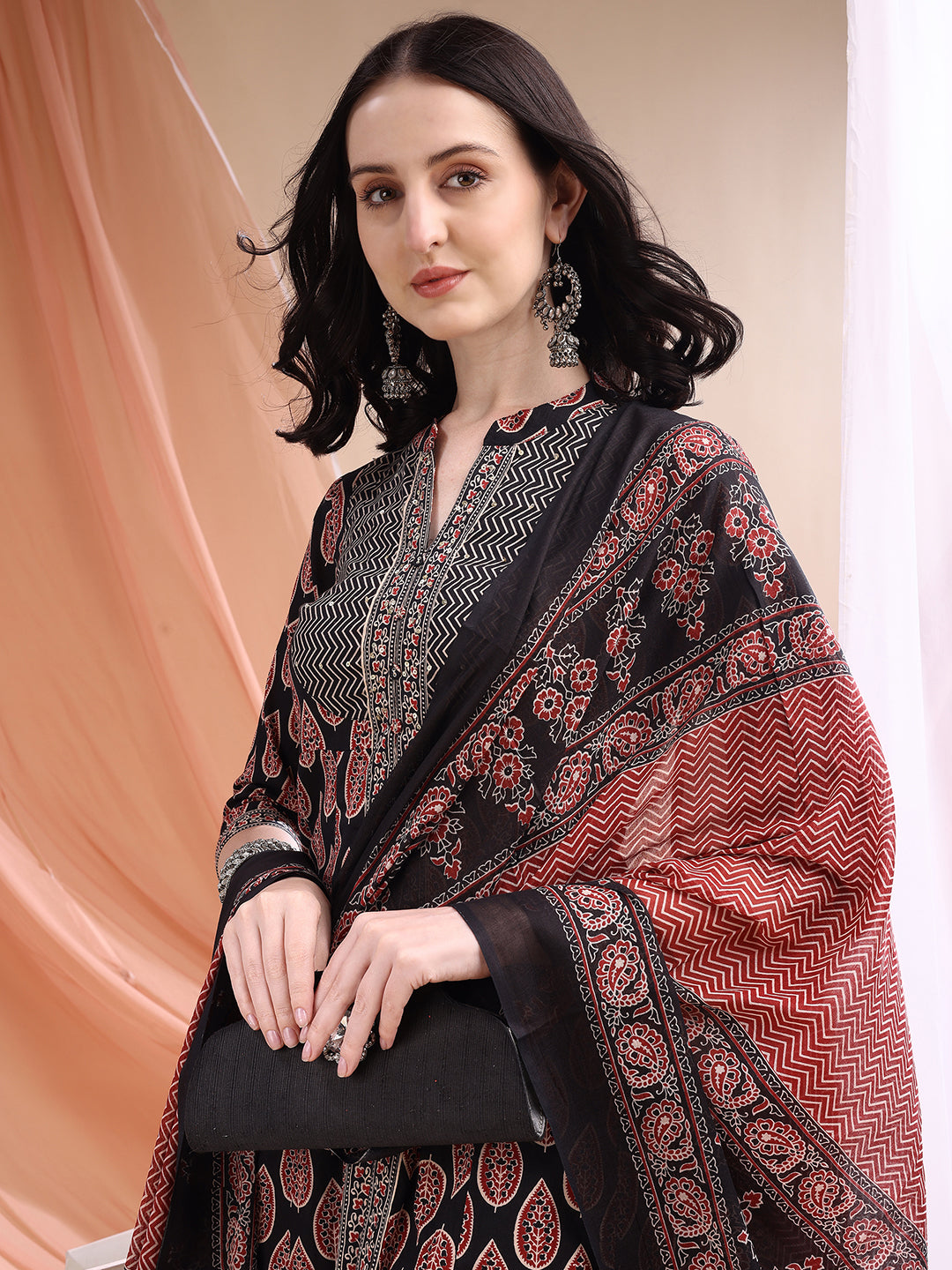 Front Slit Motifs A-Line Printed Kurta With Pant & Dupatta, Black - Hiral Fashion