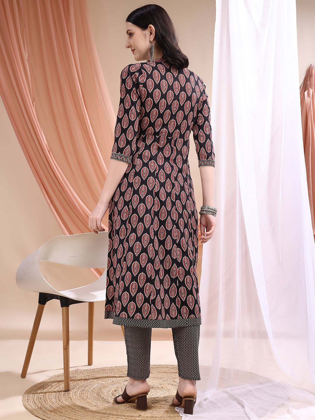 Front Slit Motifs A-Line Printed Kurta With Pant & Dupatta, Black - Hiral Fashion