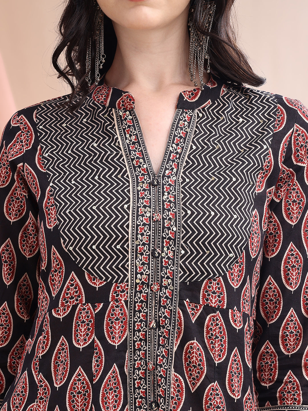 Front Slit Motifs A-Line Printed Kurta With Pant & Dupatta, Black - Hiral Fashion