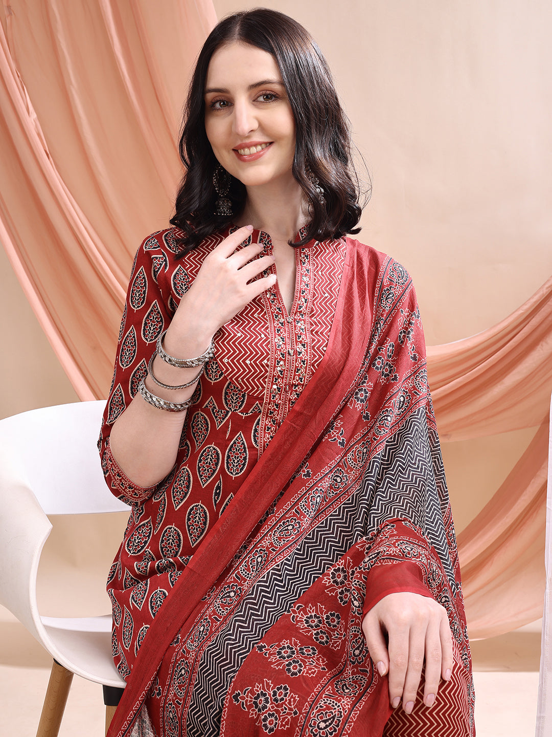 Front Slit Motifs A-Line Printed Kurta With Pant & Dupatta, Maroon - Hiral Fashion