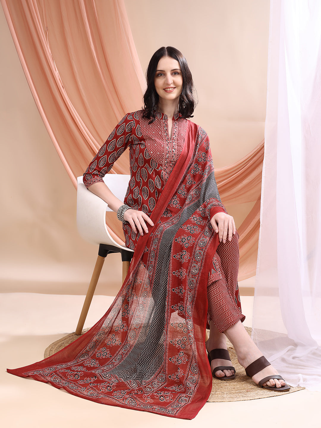 Front Slit Motifs A-Line Printed Kurta With Pant & Dupatta, Maroon - Hiral Fashion