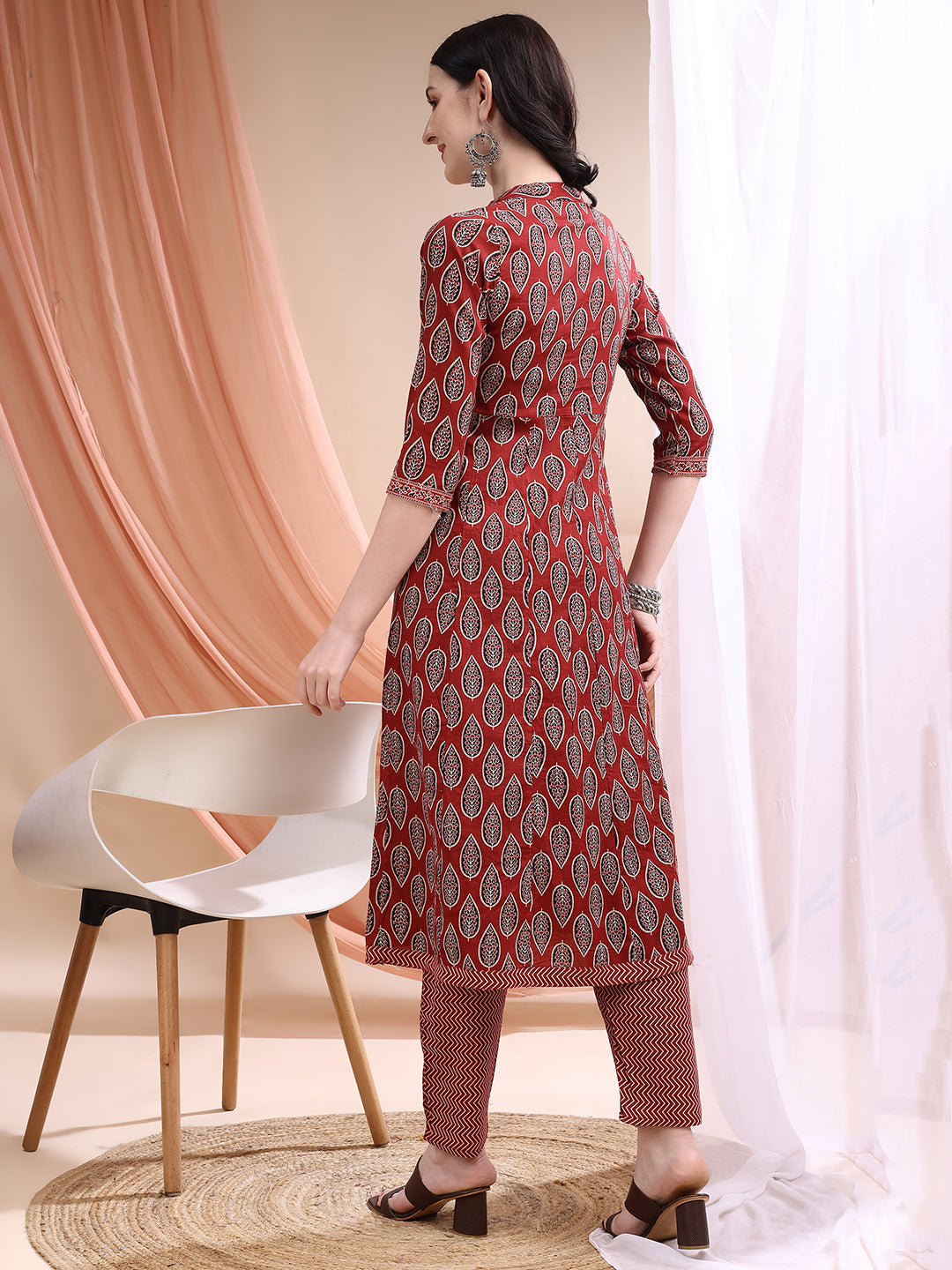Front Slit Motifs A-Line Printed Kurta With Pant & Dupatta, Maroon - Hiral Fashion