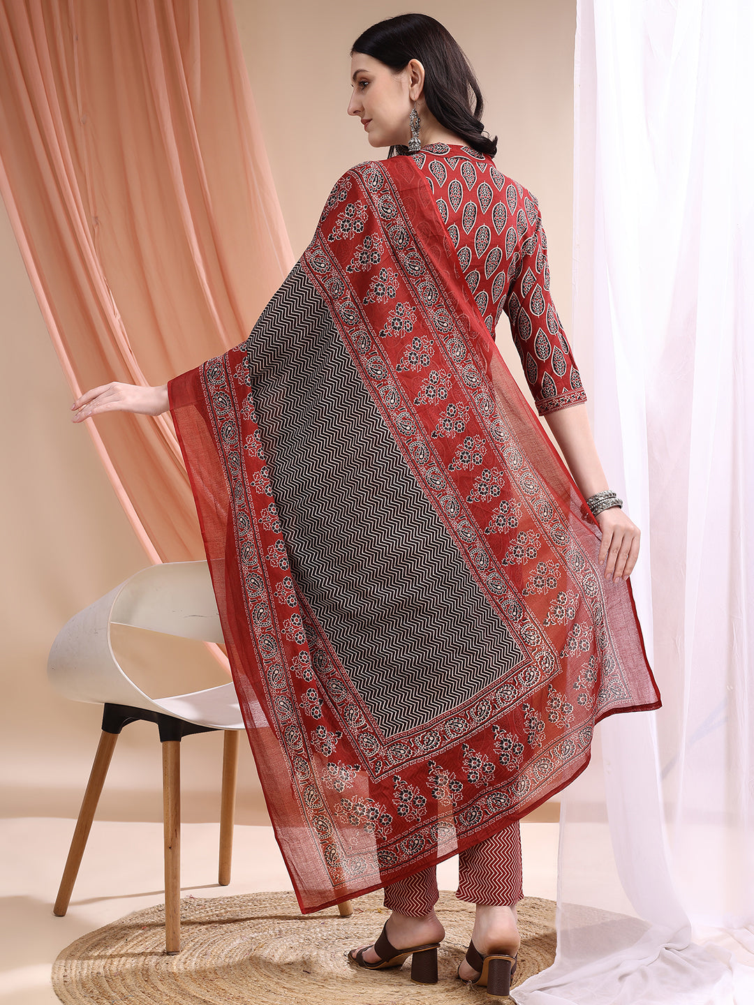 Front Slit Motifs A-Line Printed Kurta With Pant & Dupatta, Maroon - Hiral Fashion