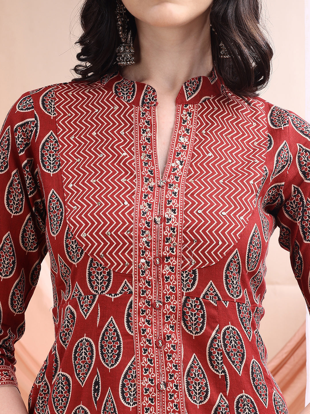 Front Slit Motifs A-Line Printed Kurta With Pant & Dupatta, Maroon - Hiral Fashion