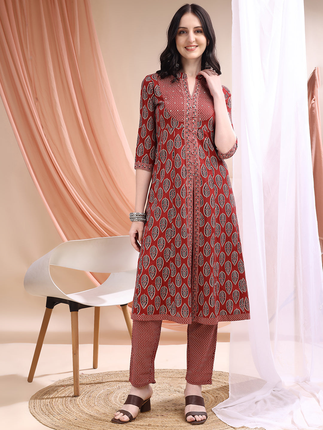 Front Slit Motifs A-Line Printed Kurta With Pant & Dupatta, Maroon - Hiral Fashion