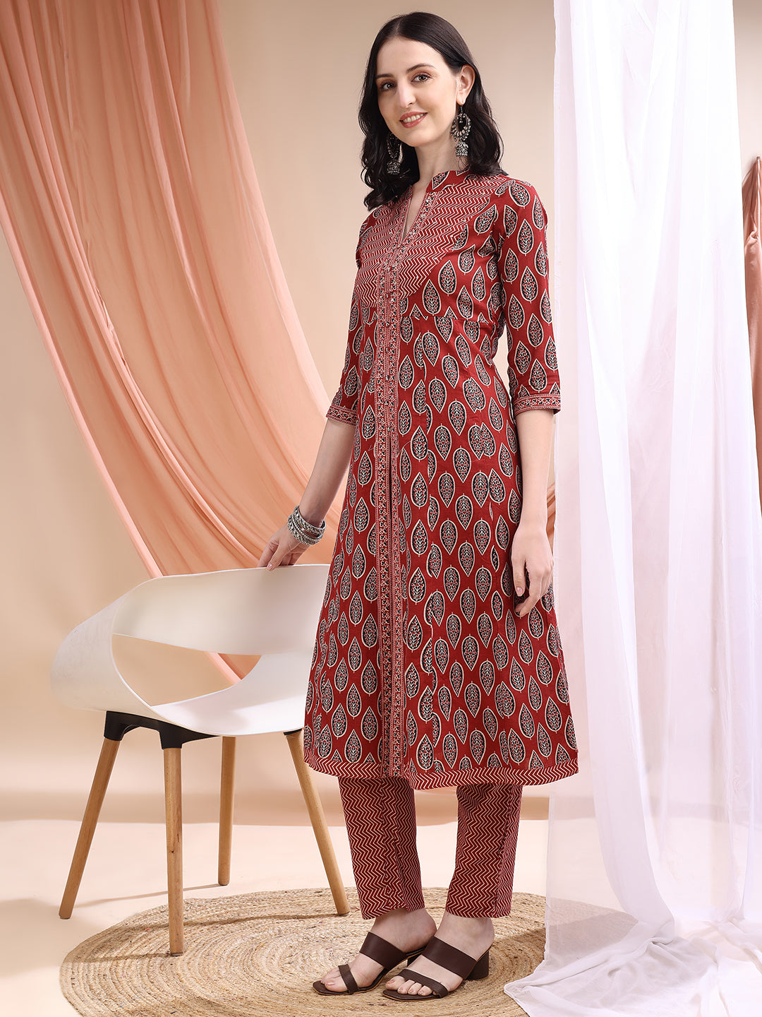 Front Slit Motifs A-Line Printed Kurta With Pant & Dupatta, Maroon - Hiral Fashion