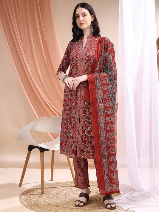 Front Slit Motifs A-Line Printed Kurta With Pant & Dupatta, Maroon - Hiral Fashion