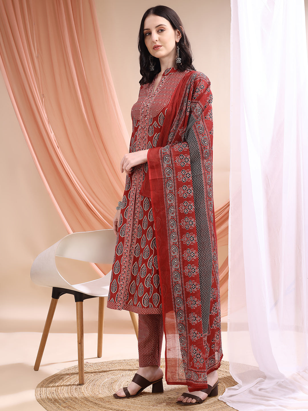 Front Slit Motifs A-Line Printed Kurta With Pant & Dupatta, Maroon - Hiral Fashion