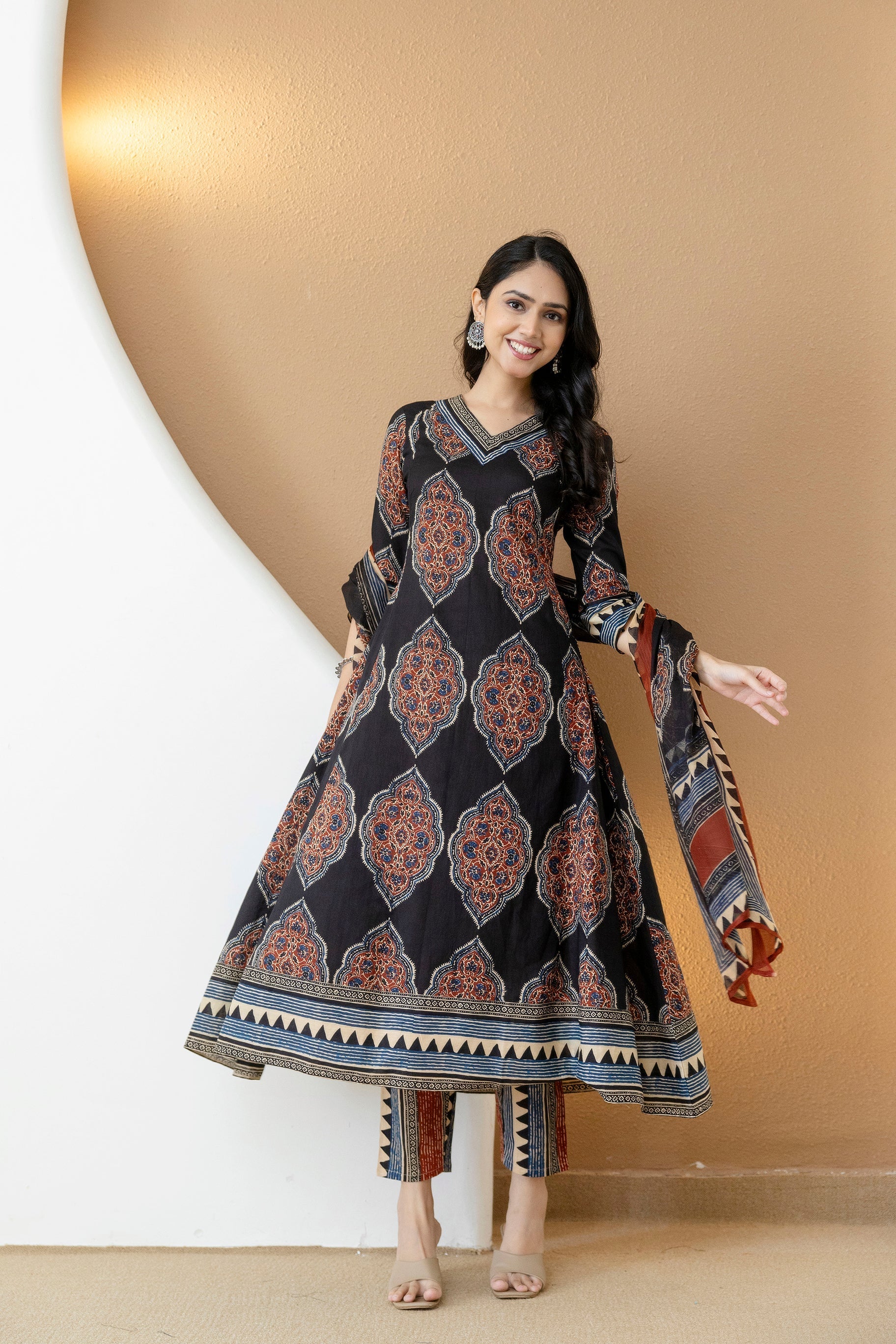 Ethnic Motif Printed Anarkali Kurta Set With Matching Pants & Dupatta, Black - Hiral Fashion