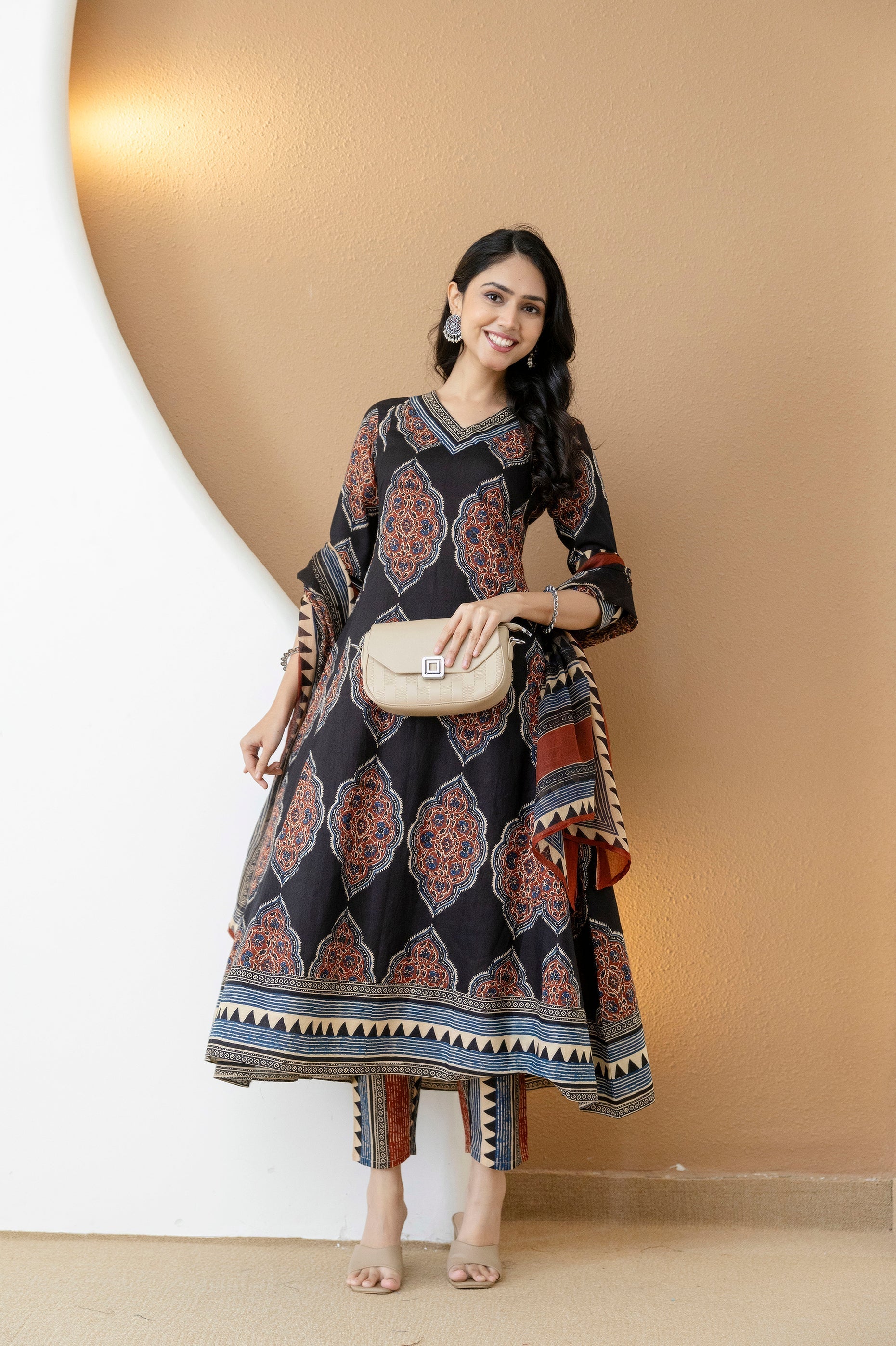 Ethnic Motif Printed Anarkali Kurta Set With Matching Pants & Dupatta, Black - Hiral Fashion