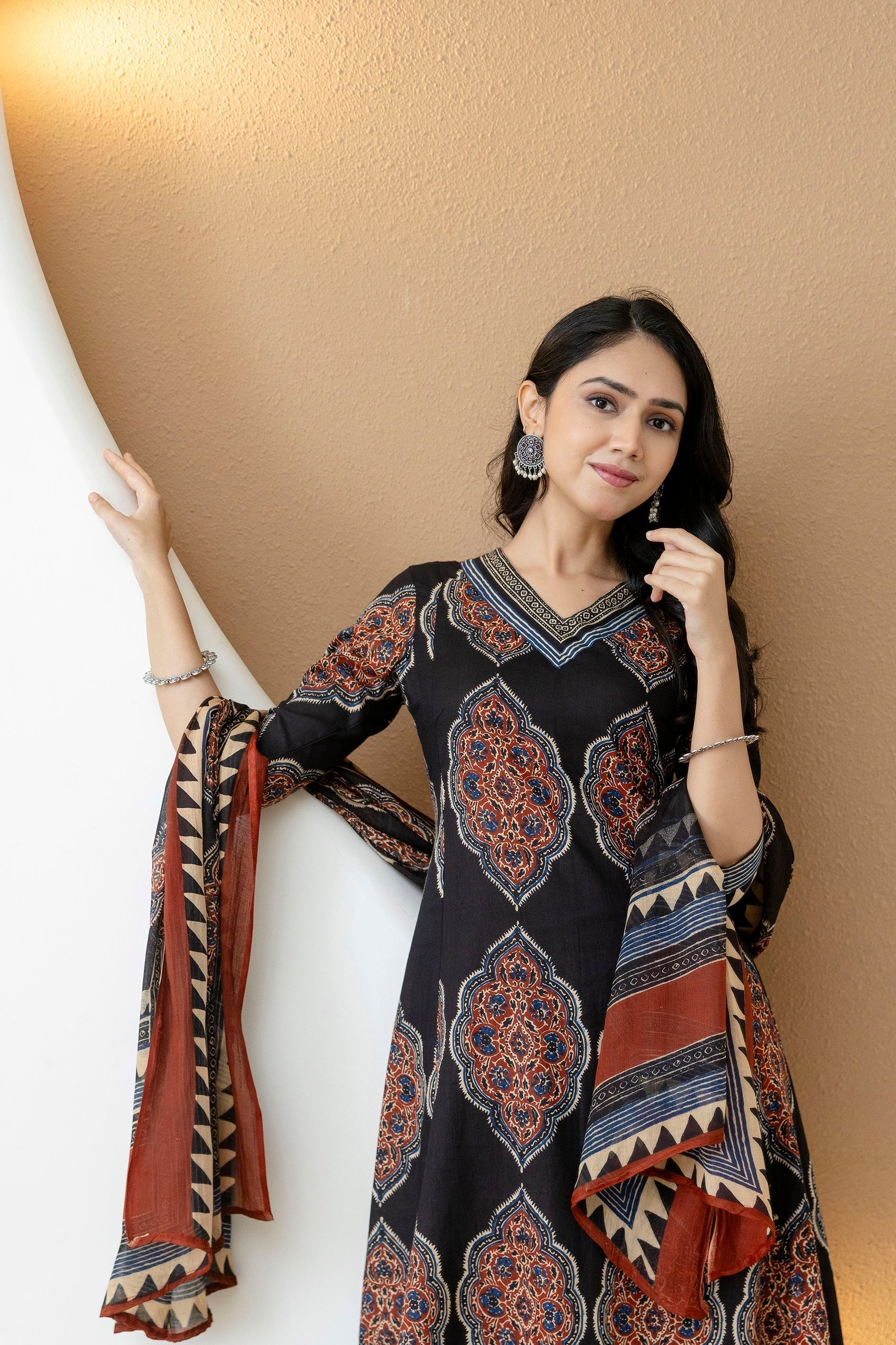Ethnic Motif Printed Anarkali Kurta Set With Matching Pants & Dupatta, Black - Hiral Fashion
