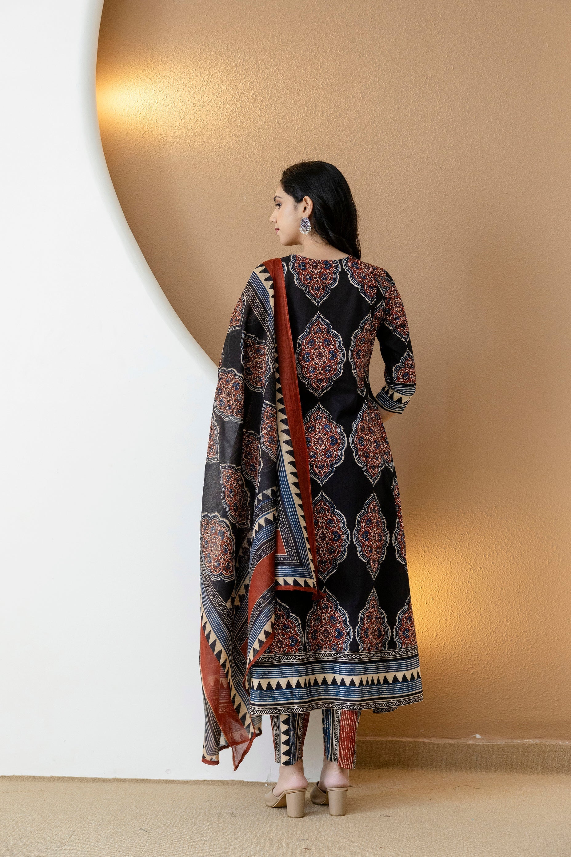 Ethnic Motif Printed Anarkali Kurta Set With Matching Pants & Dupatta, Black - Hiral Fashion