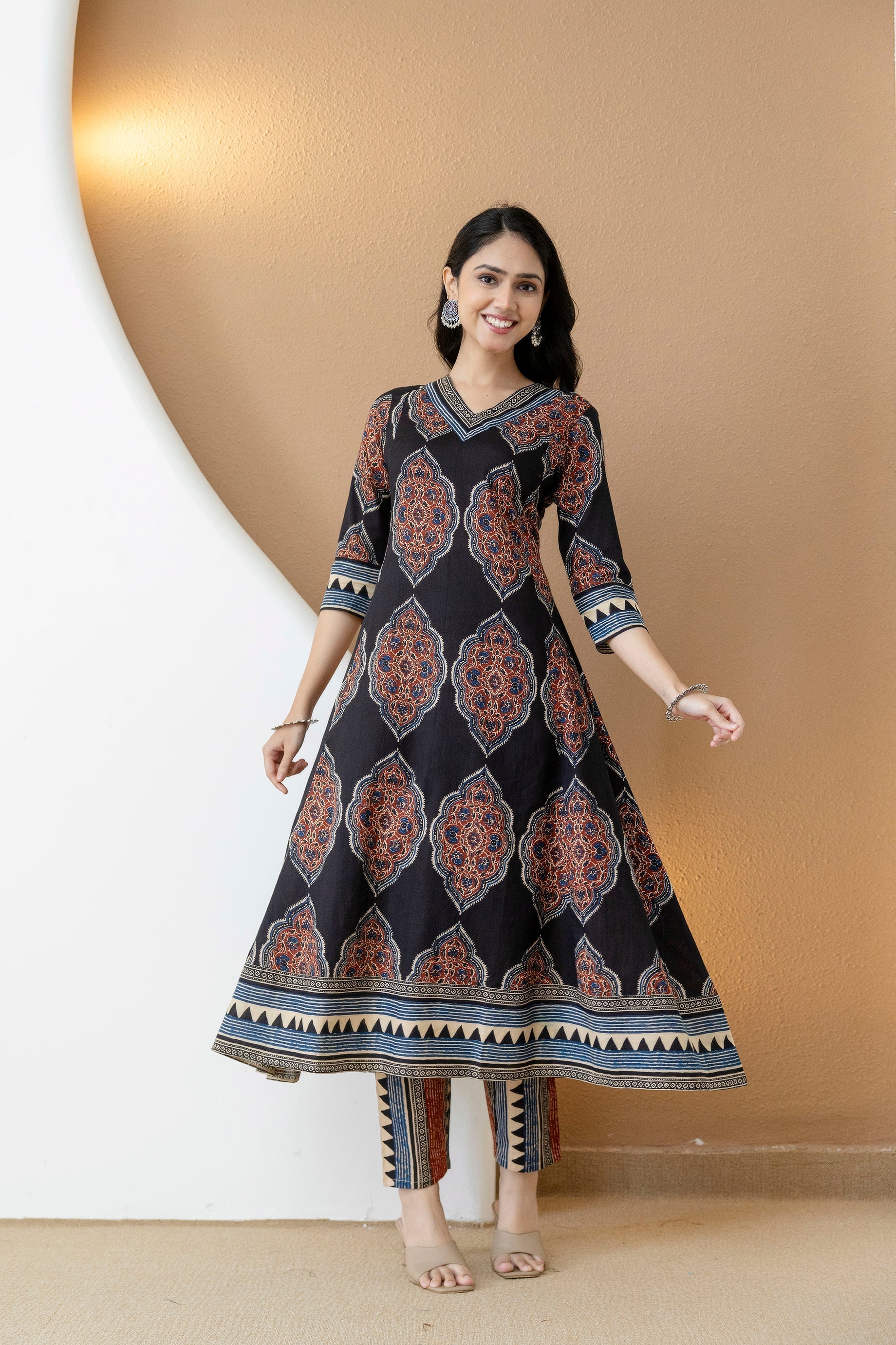 Ethnic Motif Printed Anarkali Kurta Set With Matching Pants & Dupatta, Black - Hiral Fashion