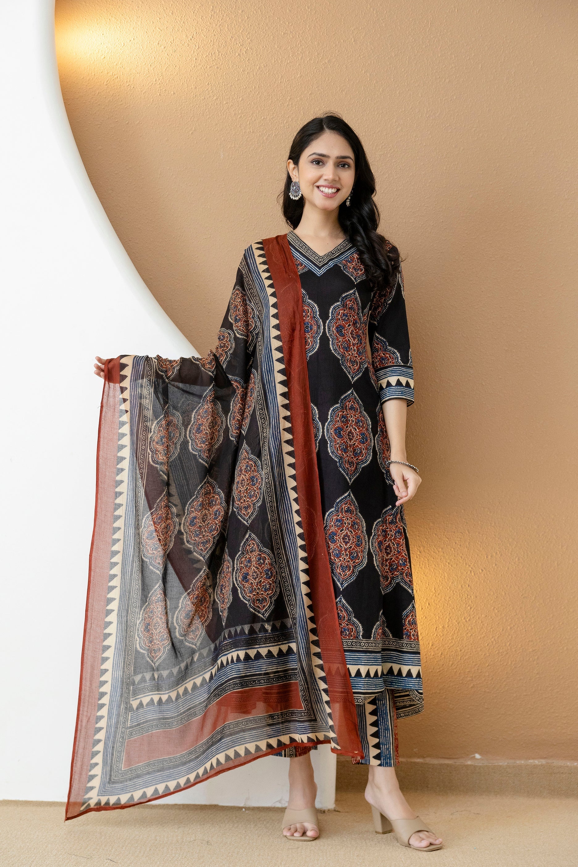 Ethnic Motif Printed Anarkali Kurta Set With Matching Pants & Dupatta, Black - Hiral Fashion
