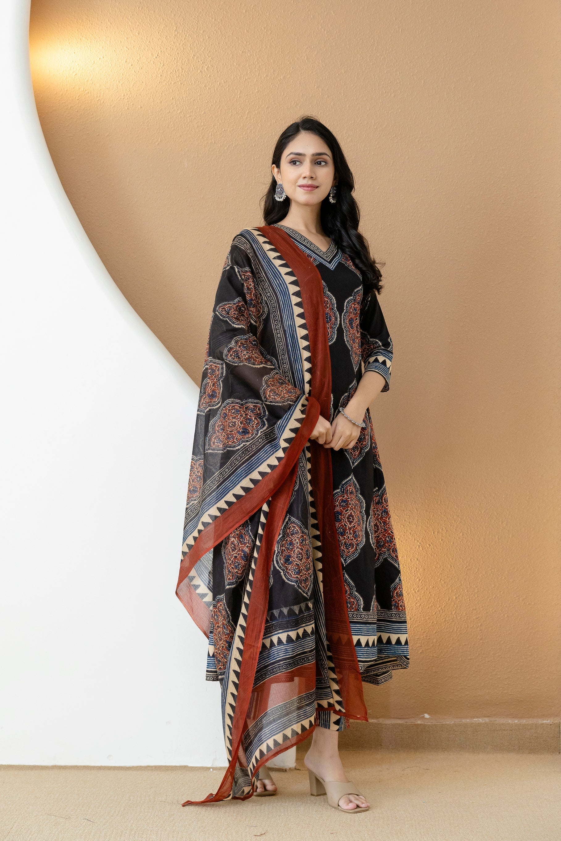 Ethnic Motif Printed Anarkali Kurta Set With Matching Pants & Dupatta, Black - Hiral Fashion