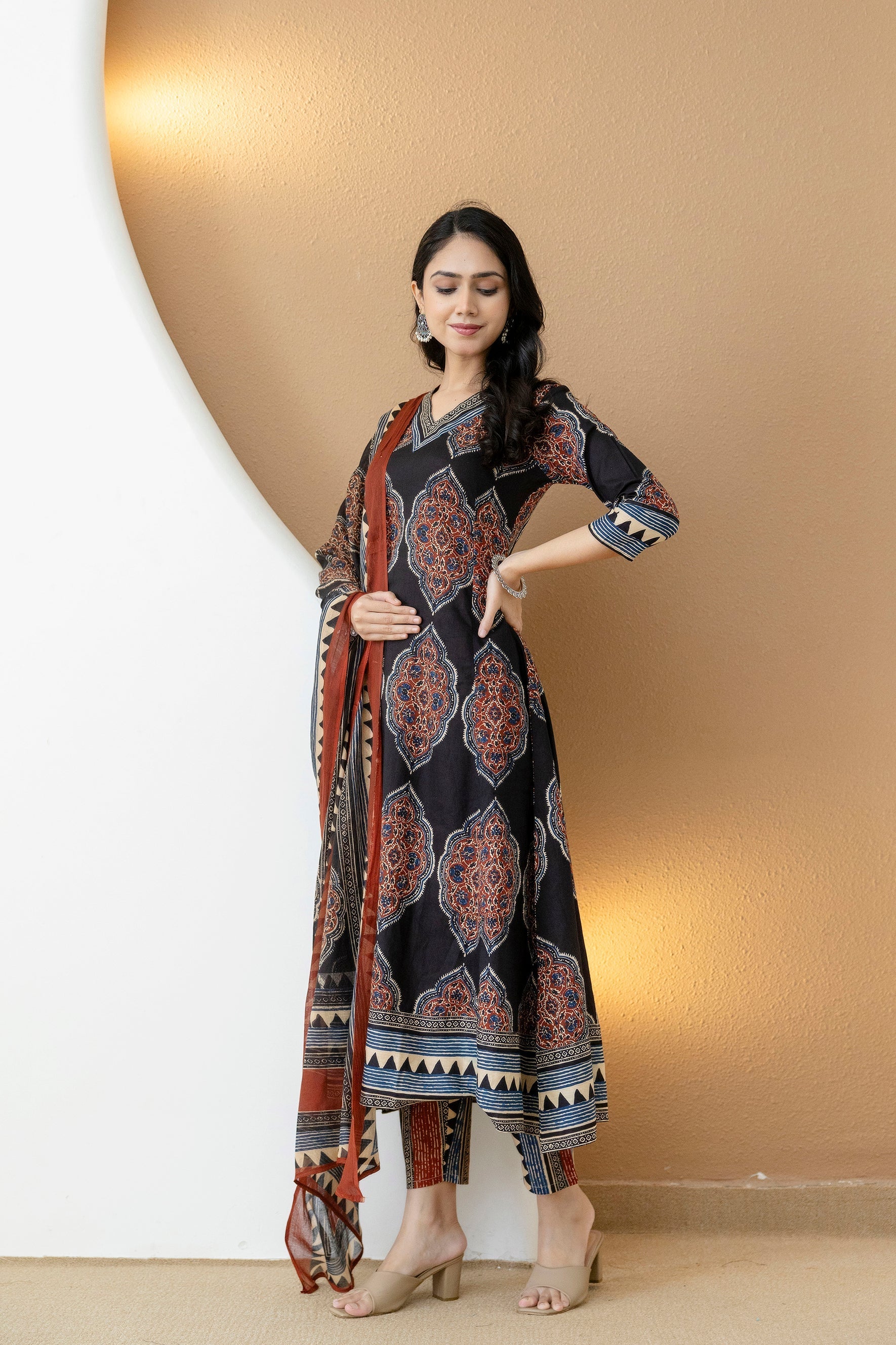 Ethnic Motif Printed Anarkali Kurta Set With Matching Pants & Dupatta, Black - Hiral Fashion