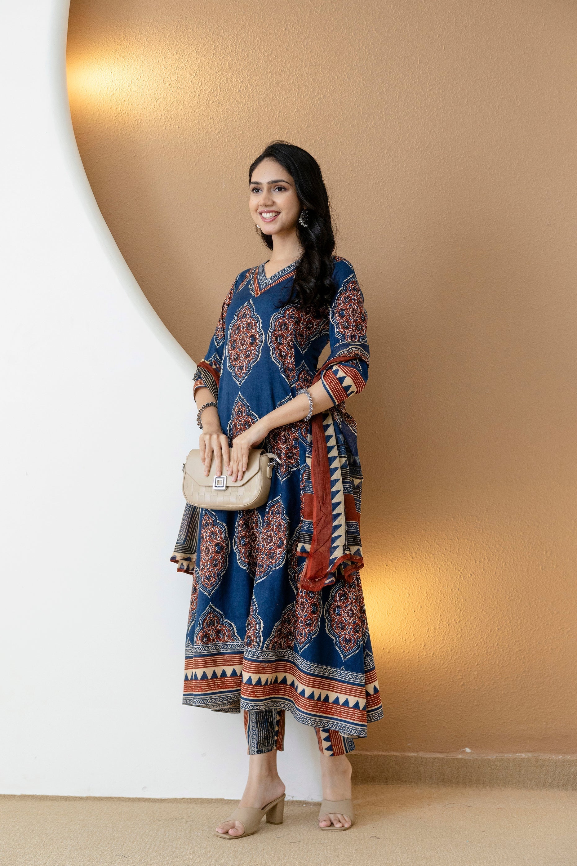 Ethnic Motif Printed Anarkali Kurta Set With Matching Pants & Dupatta, Blue - Hiral Fashion