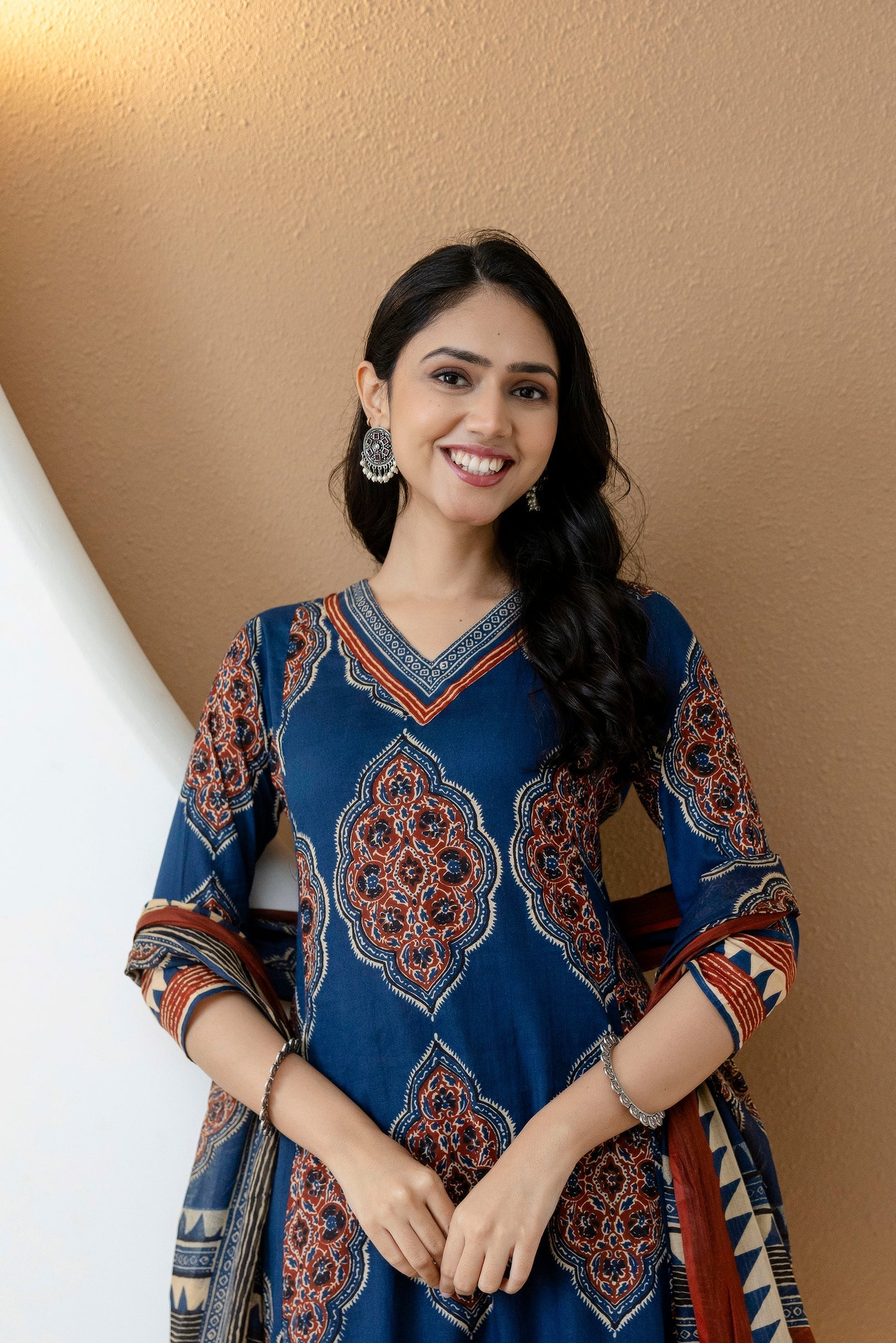 Ethnic Motif Printed Anarkali Kurta Set With Matching Pants & Dupatta, Blue - Hiral Fashion