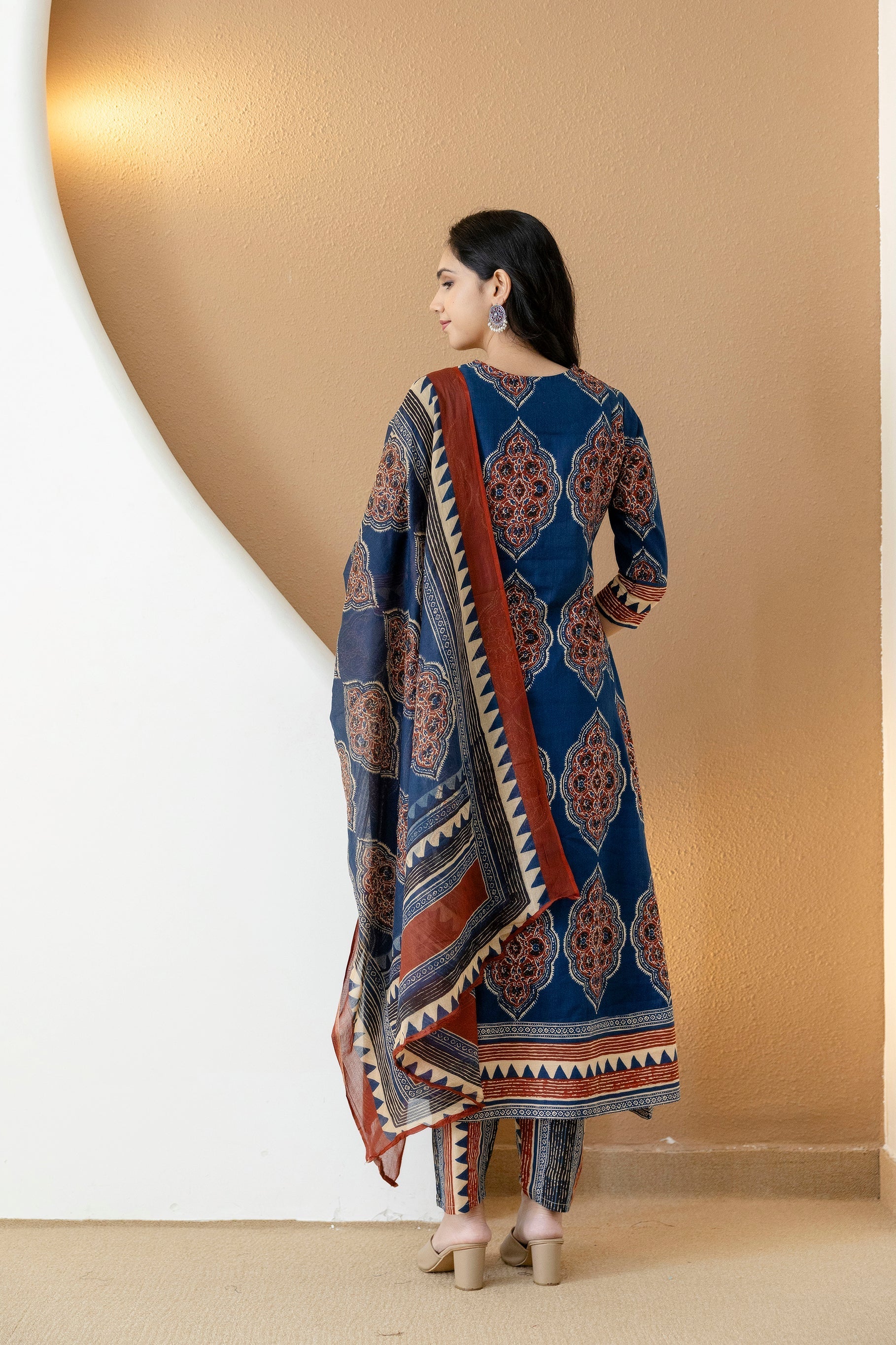 Ethnic Motif Printed Anarkali Kurta Set With Matching Pants & Dupatta, Blue - Hiral Fashion