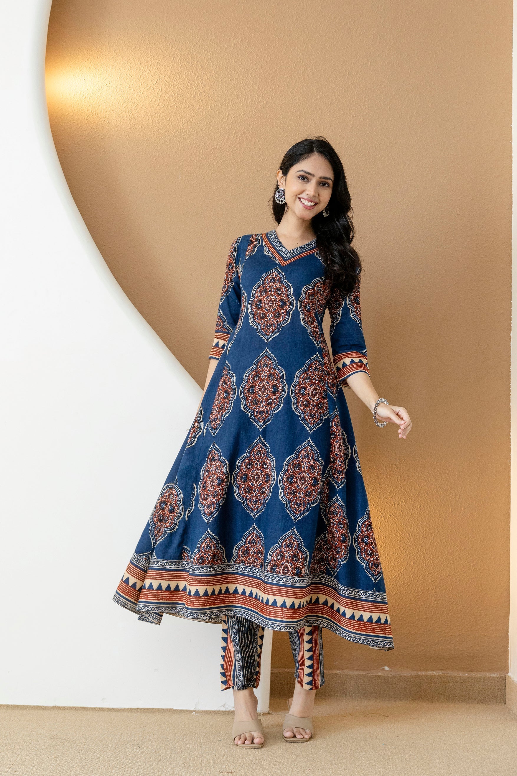 Ethnic Motif Printed Anarkali Kurta Set With Matching Pants & Dupatta, Blue - Hiral Fashion
