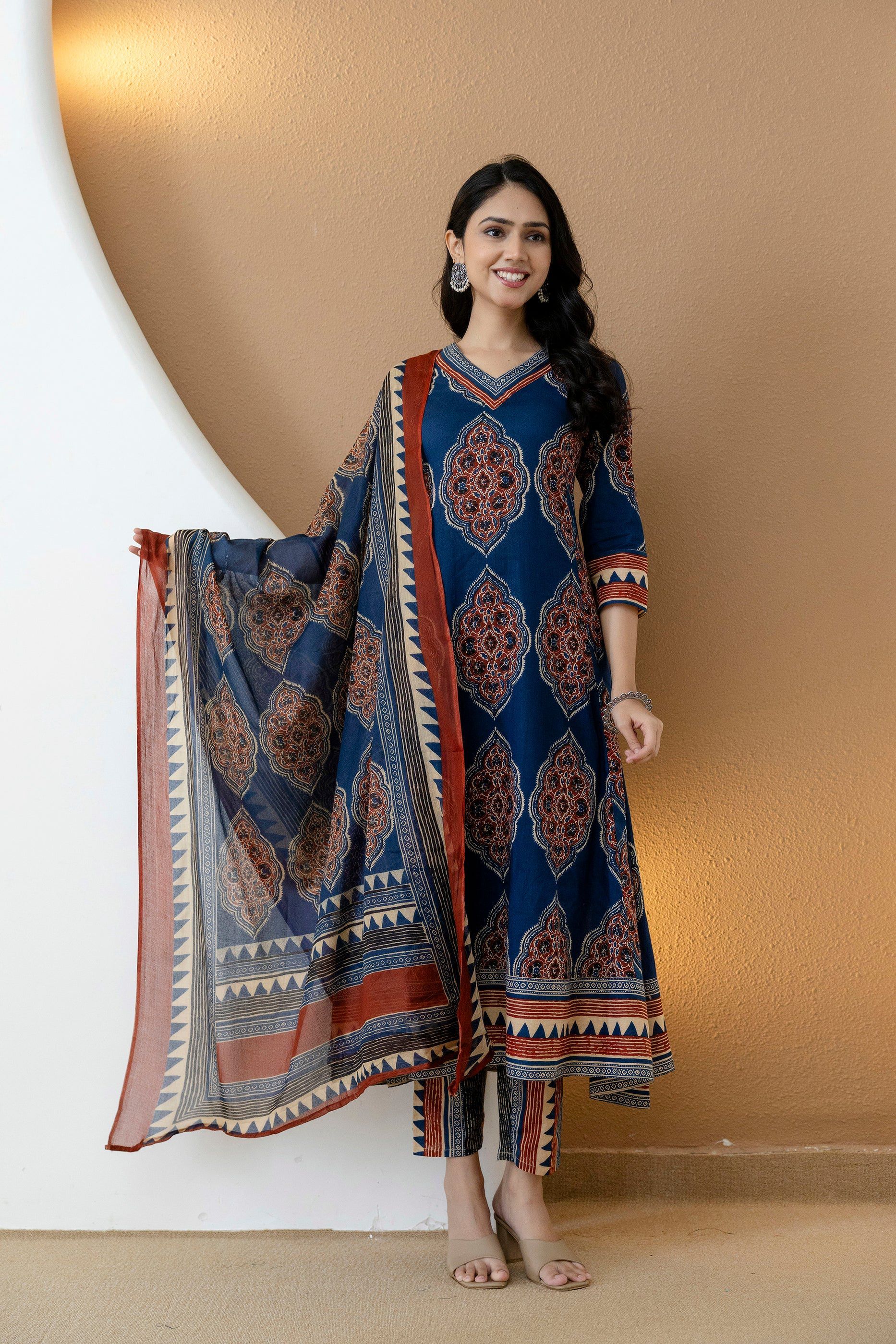 Ethnic Motif Printed Anarkali Kurta Set With Matching Pants & Dupatta, Blue - Hiral Fashion