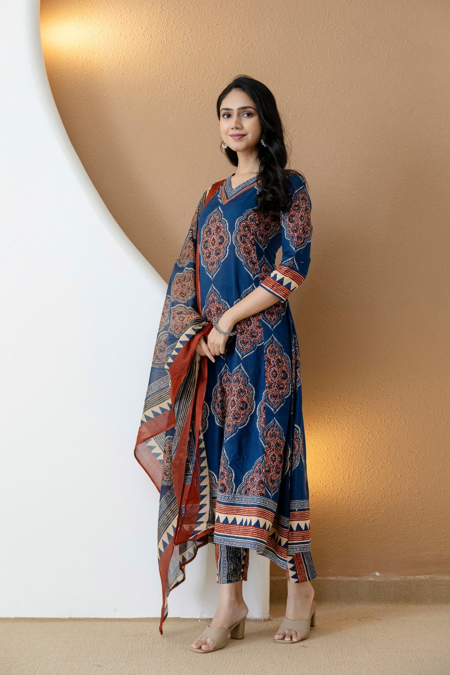 Ethnic Motif Printed Anarkali Kurta Set With Matching Pants & Dupatta, Blue - Hiral Fashion