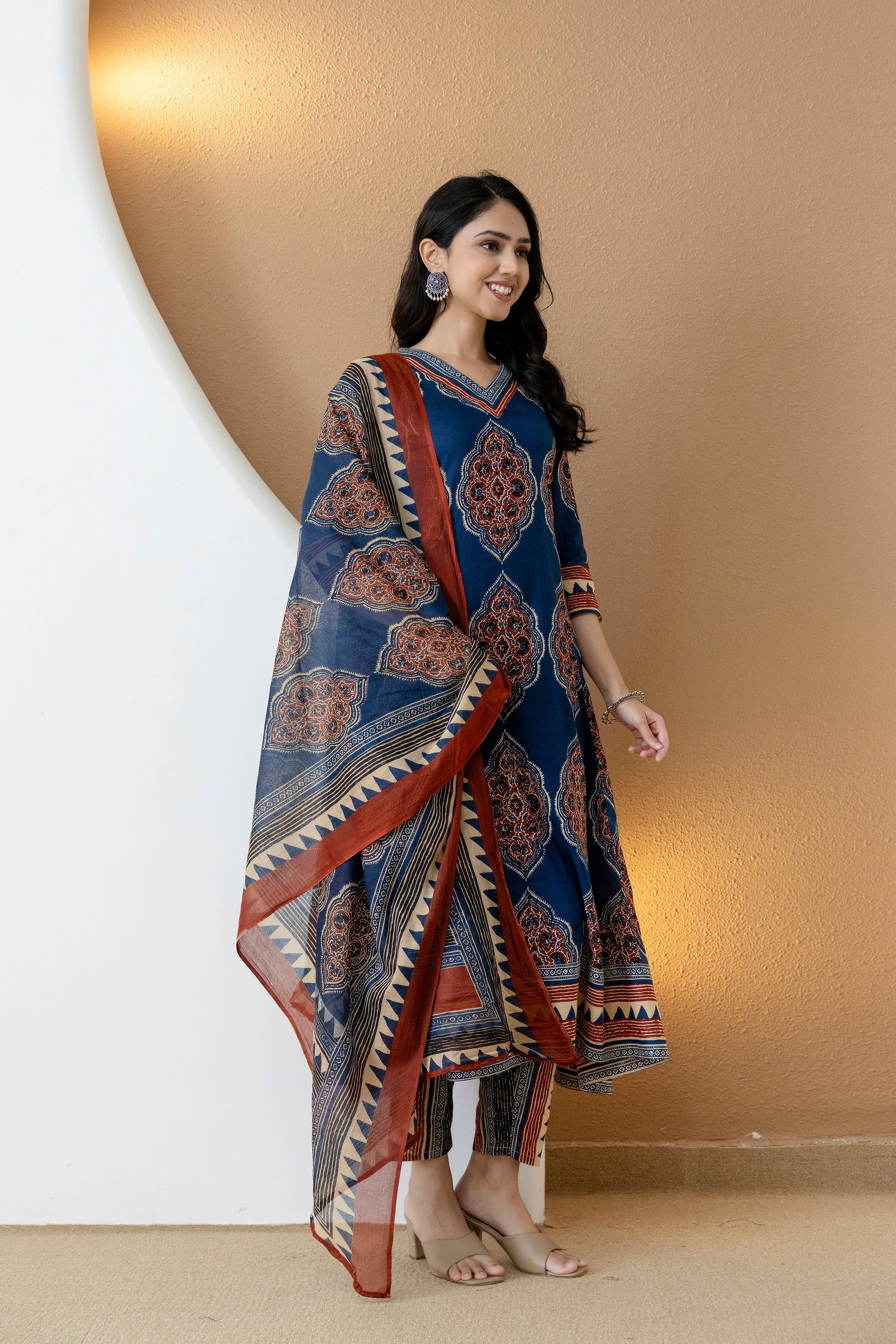 Ethnic Motif Printed Anarkali Kurta Set With Matching Pants & Dupatta, Blue - Hiral Fashion