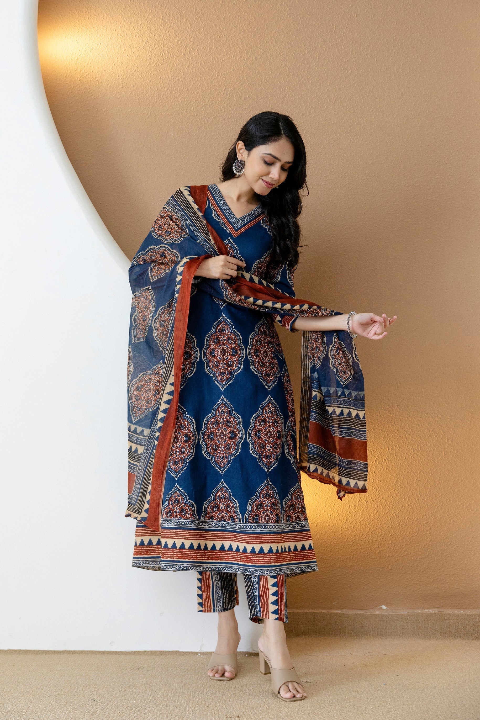 Ethnic Motif Printed Anarkali Kurta Set With Matching Pants & Dupatta, Blue - Hiral Fashion