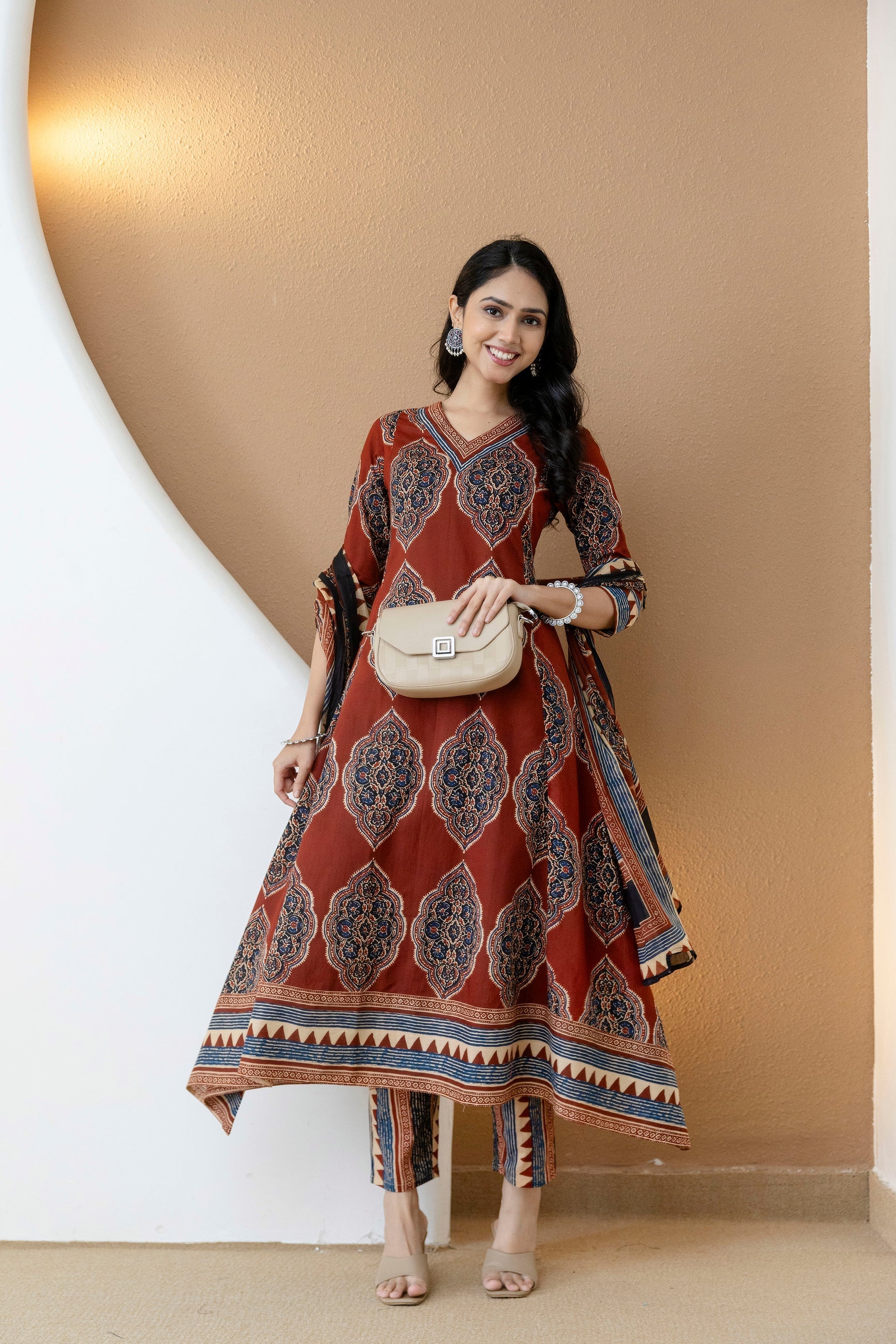 Ethnic Motif Printed Anarkali Kurta Set With Matching Pants & Dupatta, Rust - Hiral Fashion