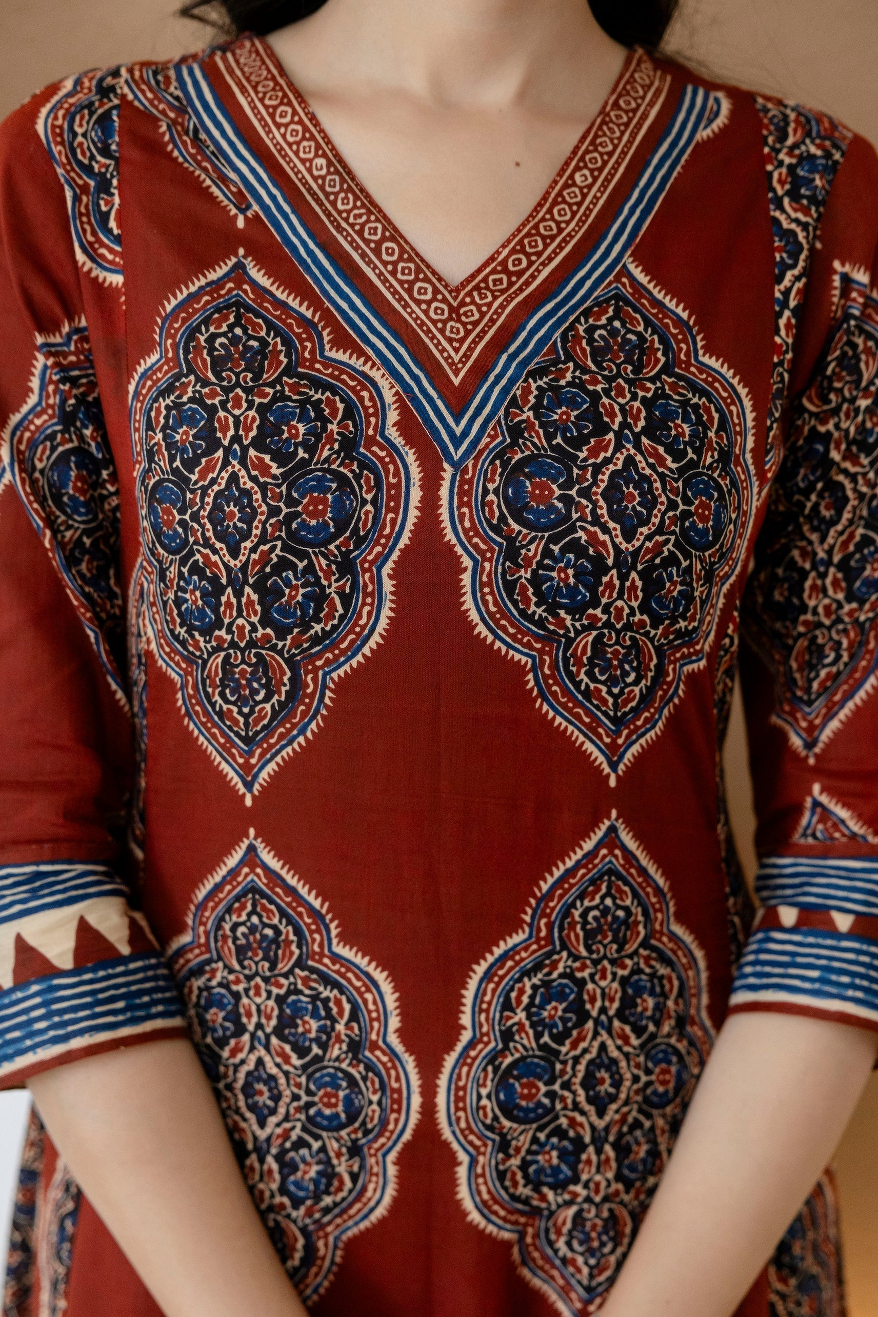 Ethnic Motif Printed Anarkali Kurta Set With Matching Pants & Dupatta, Rust - Hiral Fashion