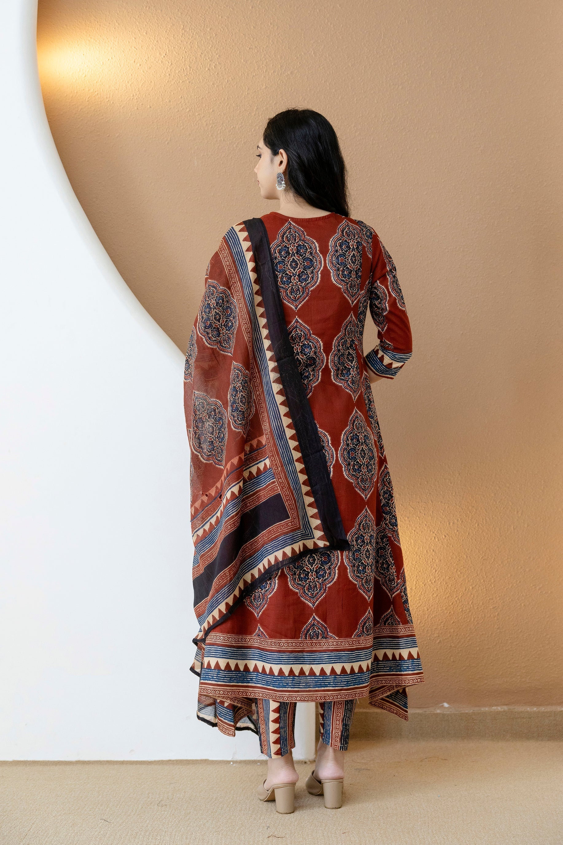Ethnic Motif Printed Anarkali Kurta Set With Matching Pants & Dupatta, Rust - Hiral Fashion